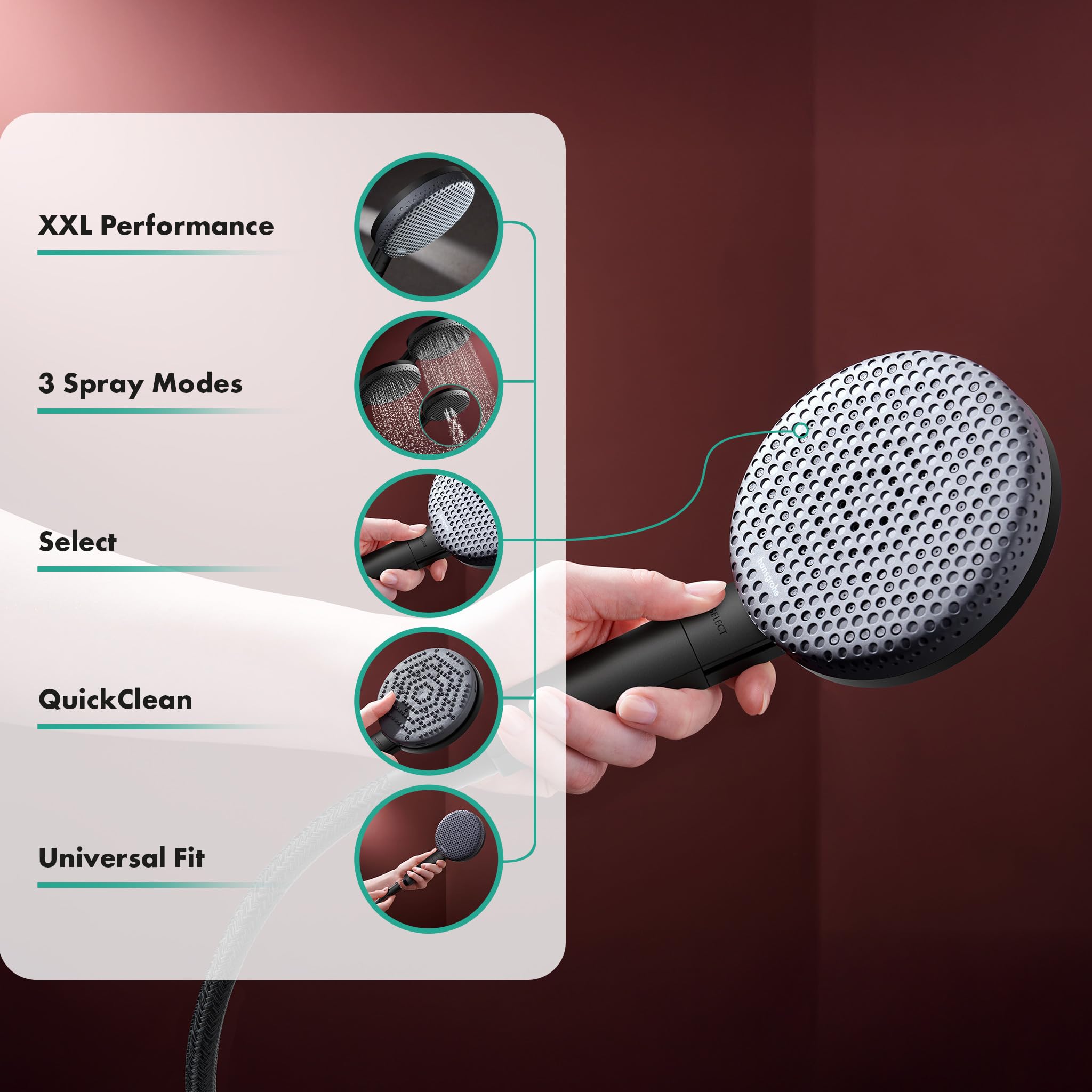 hansgrohe Raindance Alive Select S - ducha de mano, alcachofa de ducha con 3 tipos de chorro (PowderRain), cabezal de ducha redondo (125 mm), con sistema antical, negro mate, 24500670