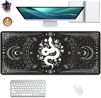 Mysterious Starry Sky Moon and White Snake Pattern Large Extended Gaming Mouse Pad E-Sports Office Desk Mat Keyboard Pad Rubber Non-Slip Computer Mouse Mat Suitable for Home Office Work(27.5X11.8 in)