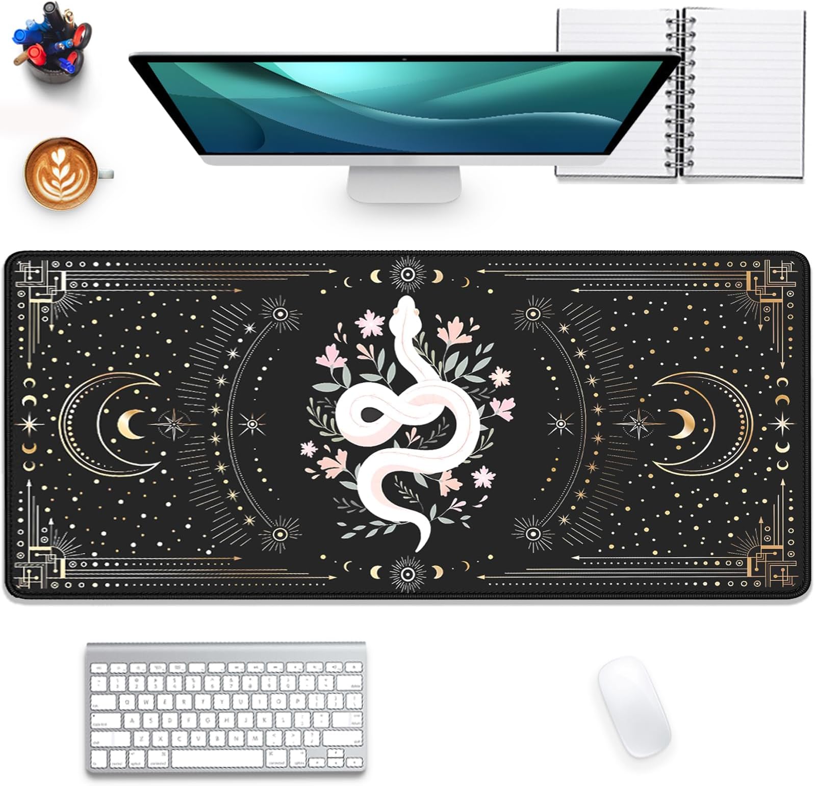 Mysterious Starry Sky Moon and White Snake Pattern Large Extended Gaming Mouse Pad E-Sports Office Desk Mat Keyboard Pad Rubber Non-Slip Computer Mouse Mat Suitable for Home Office Work(27.5X11.8 in)