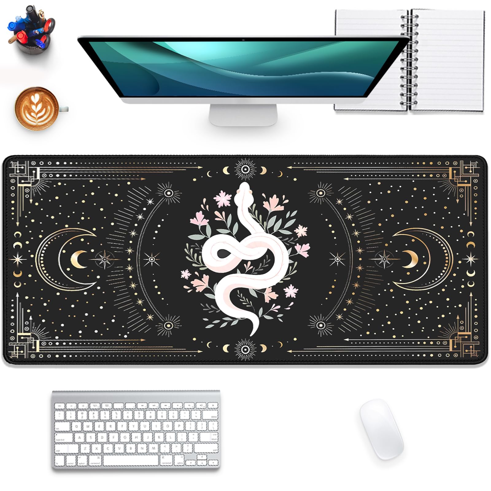 Mysterious Starry Sky Moon and White Snake Pattern Large Extended Gaming Mouse Pad E-Sports Office Desk Mat Keyboard Pad Rubber Non-Slip Computer Mouse Mat Suitable for Home Office Work(27.5X11.8 in)