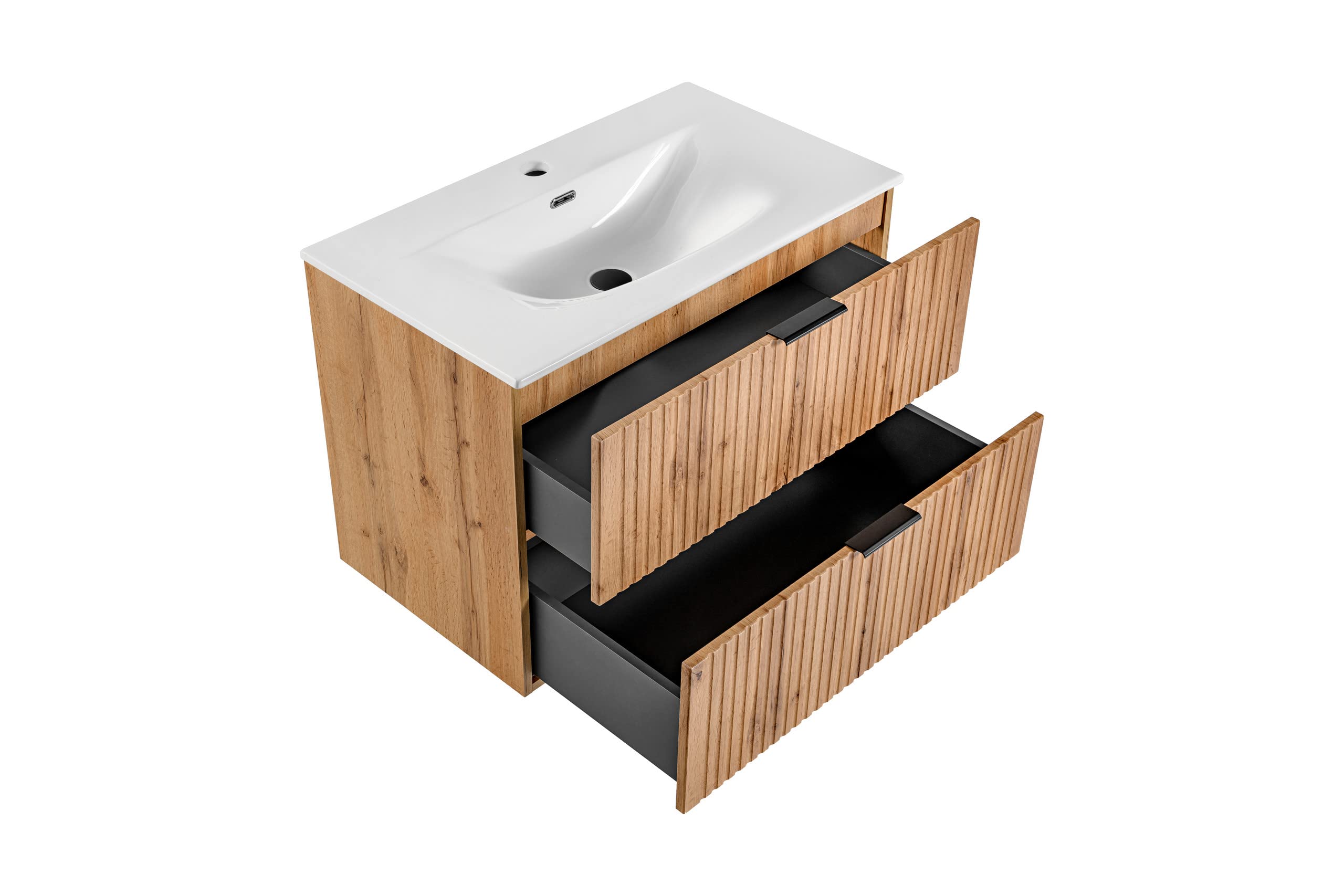 Meuble De Lavabo Suspendu PIASKI ADEL En Chêne - 80x46x57cm - Pour Salle De Bain - Poignées Incluses (Noir, Or, Argent)