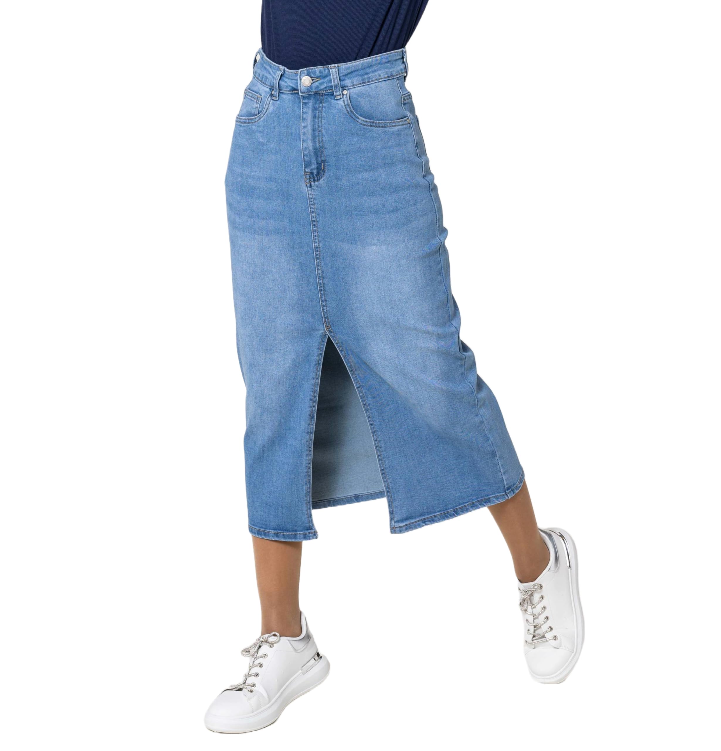 Nina Carter P215 Jupe en jean pour femme - Taille haute - Longueur mollet - Avec fente avant - Jupe longue - Fermeture éclair - Stretch - Look usé