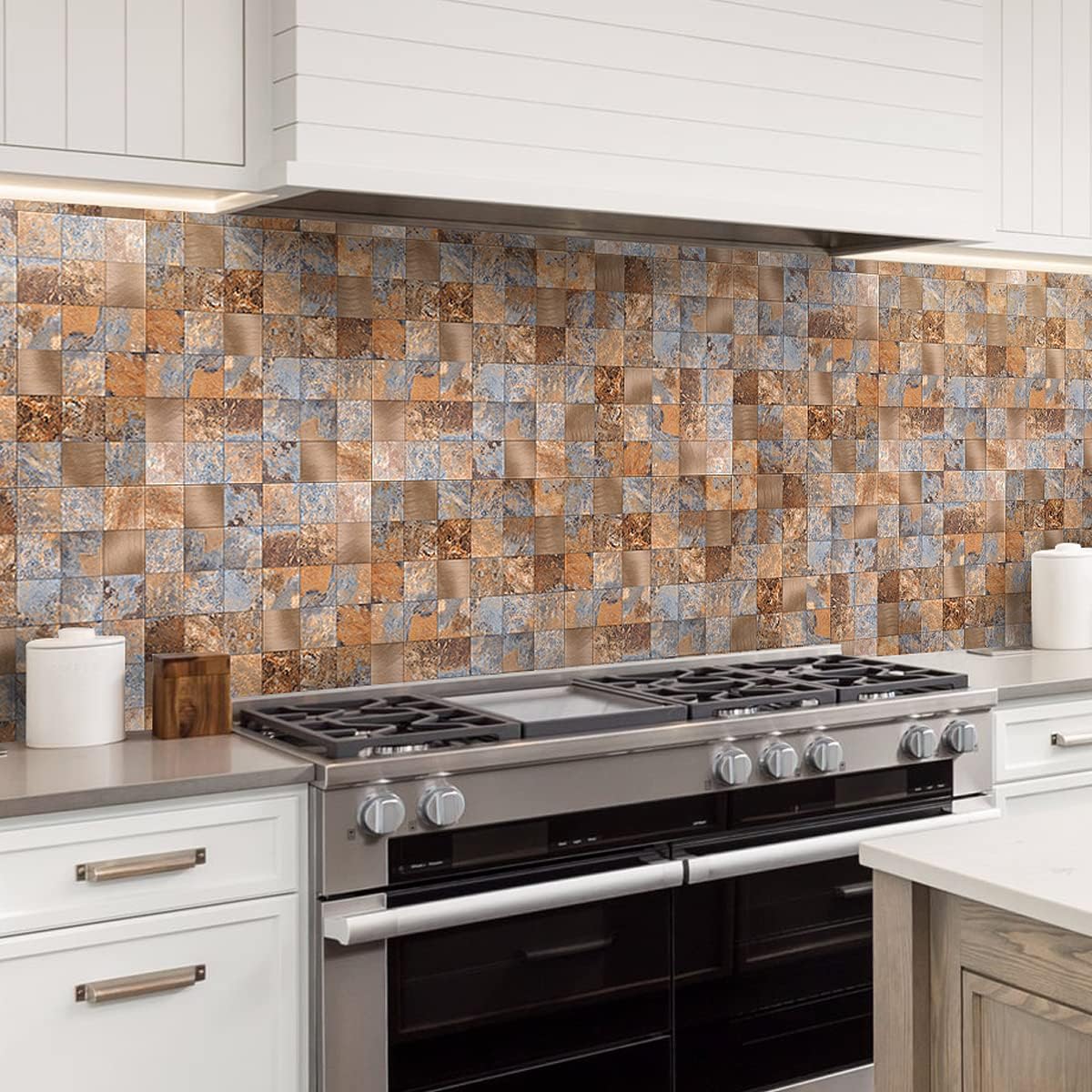 Backsplash Peel and Stick Tiles (AC Rustic Slate 12x12 3.5MM Thick 5pack) for DIY Kitchen Decor, Vintage Stone Toned Mosaic Suitable for Fireplace, Laundry Table, Bathroom Vanity, Car Camper