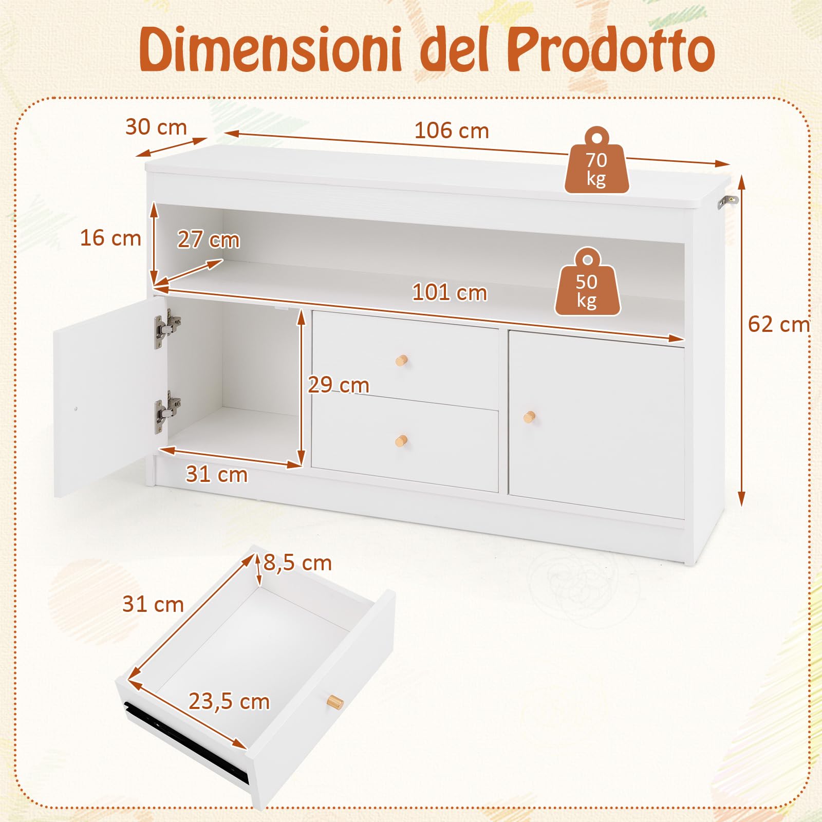 GYMAX Armadio di Giocattoli per Bambini, Mobile con 2 Cassetti, 2 Armadi Chiusi e 1 Scomparto Aperto, Scaffale Libreria in Legno da Pavimento per Sala Giochi, Asilo, Cameretta, 106x30x62 cm (Bianco)