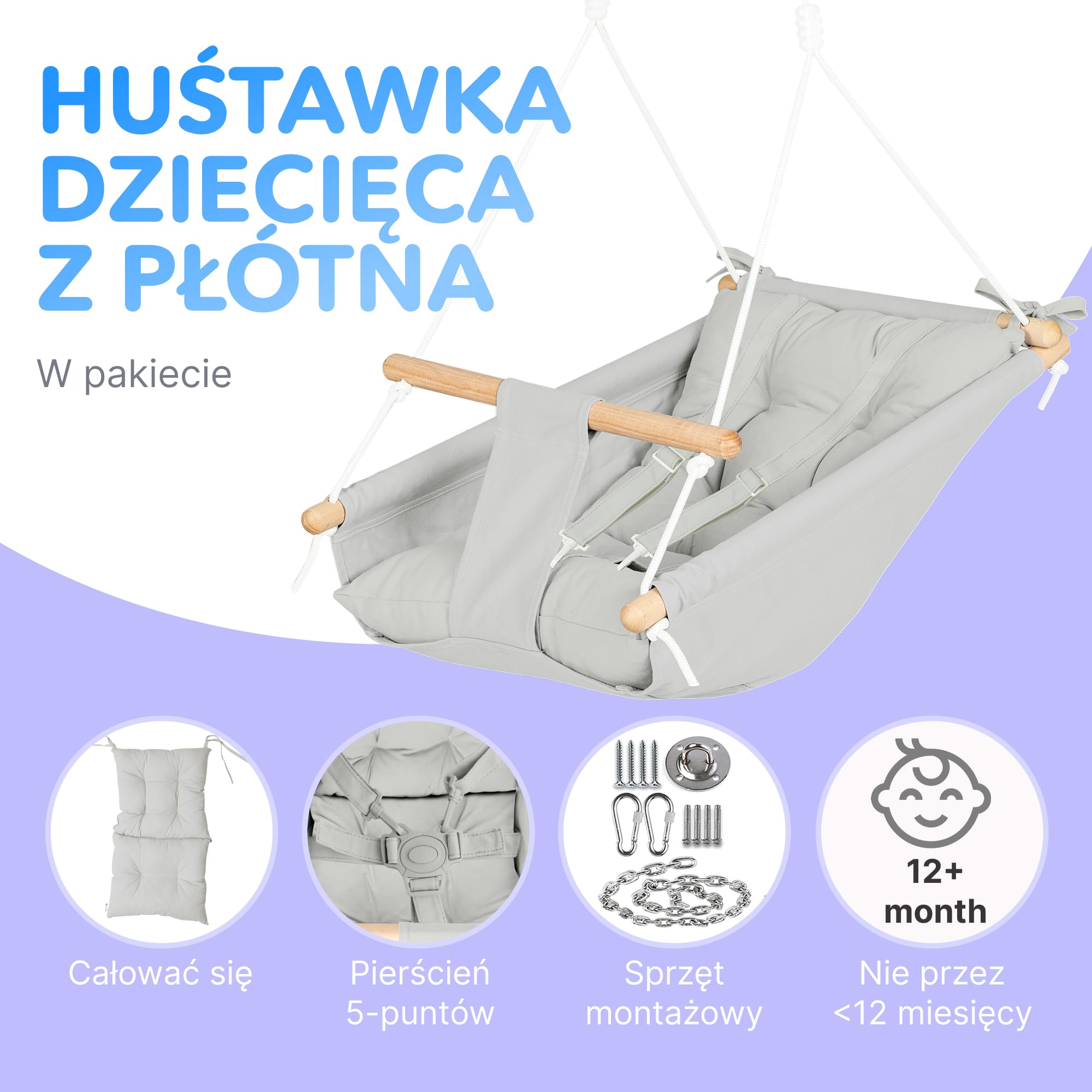 CaTeam Płócienna huśtawka dla malucha – wiszące krzesło do użytku wewnątrz i na zewnątrz do patio i pokoju zabaw z pasem bezpieczeństwa – drewniane siedzisko dla niemowląt dla dzieci w wieku od 12