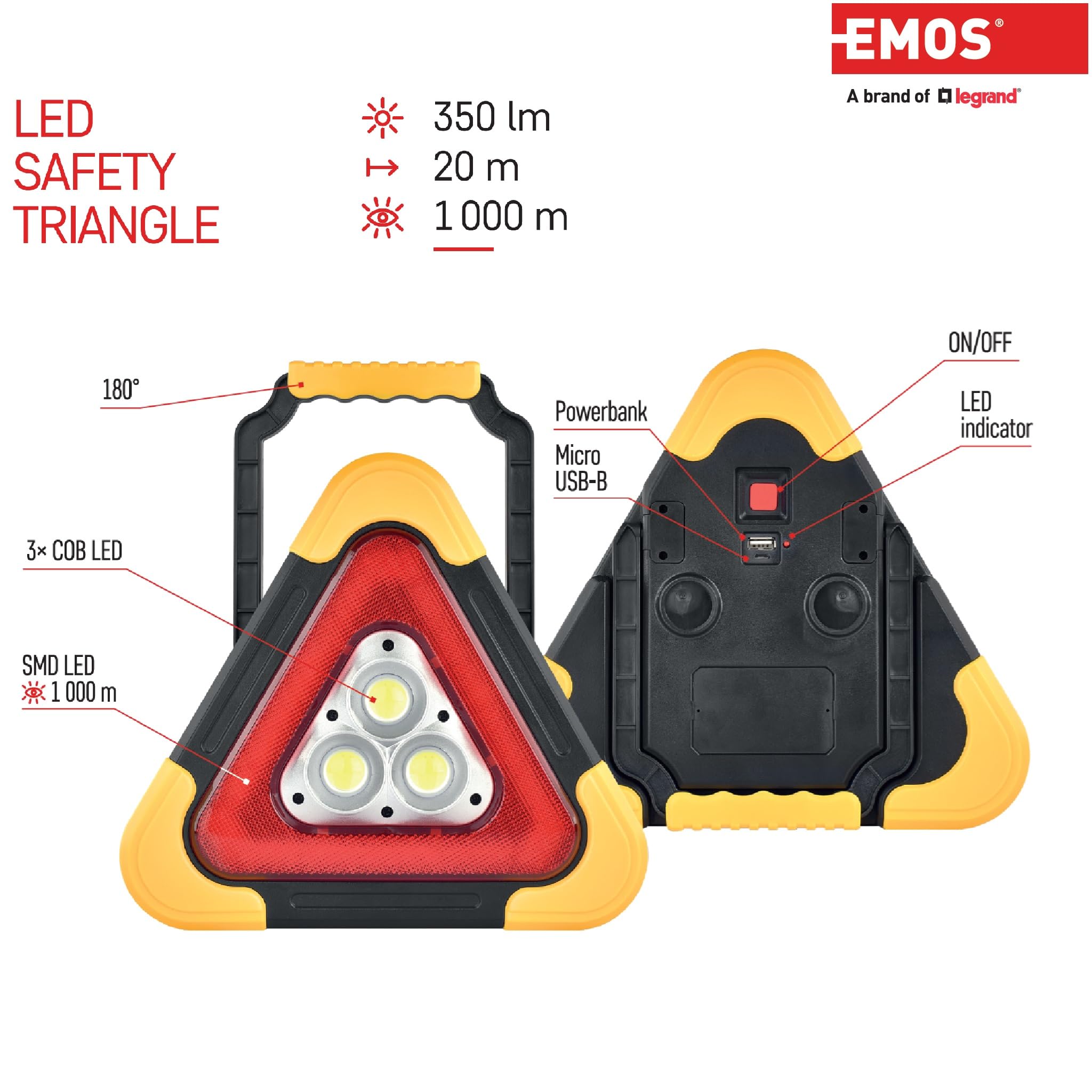 EMOS - Triangolo di avvertimento LED ricaricabile con 5 modalità di illuminazione incluse batteria e cavo di ricarica USB - Lampada di emergenza multifunzione con funzione power bank e indicatore LED