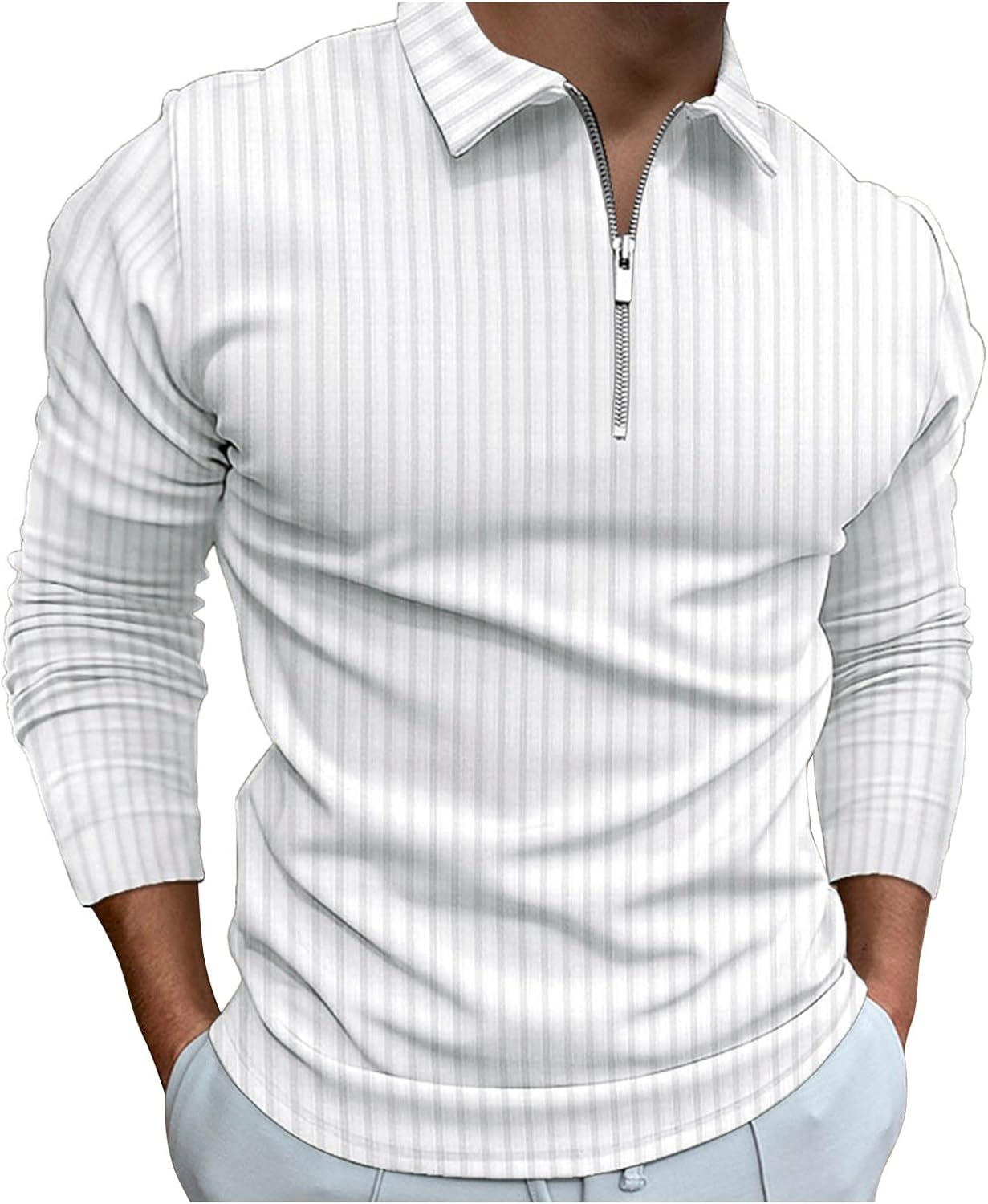 Mens Striped Plaid Long Sleeve Polo Shirts Slim Fit Casual Zipper Collar Golf Shirts Athletic Business Stylish T-Shirts K-White