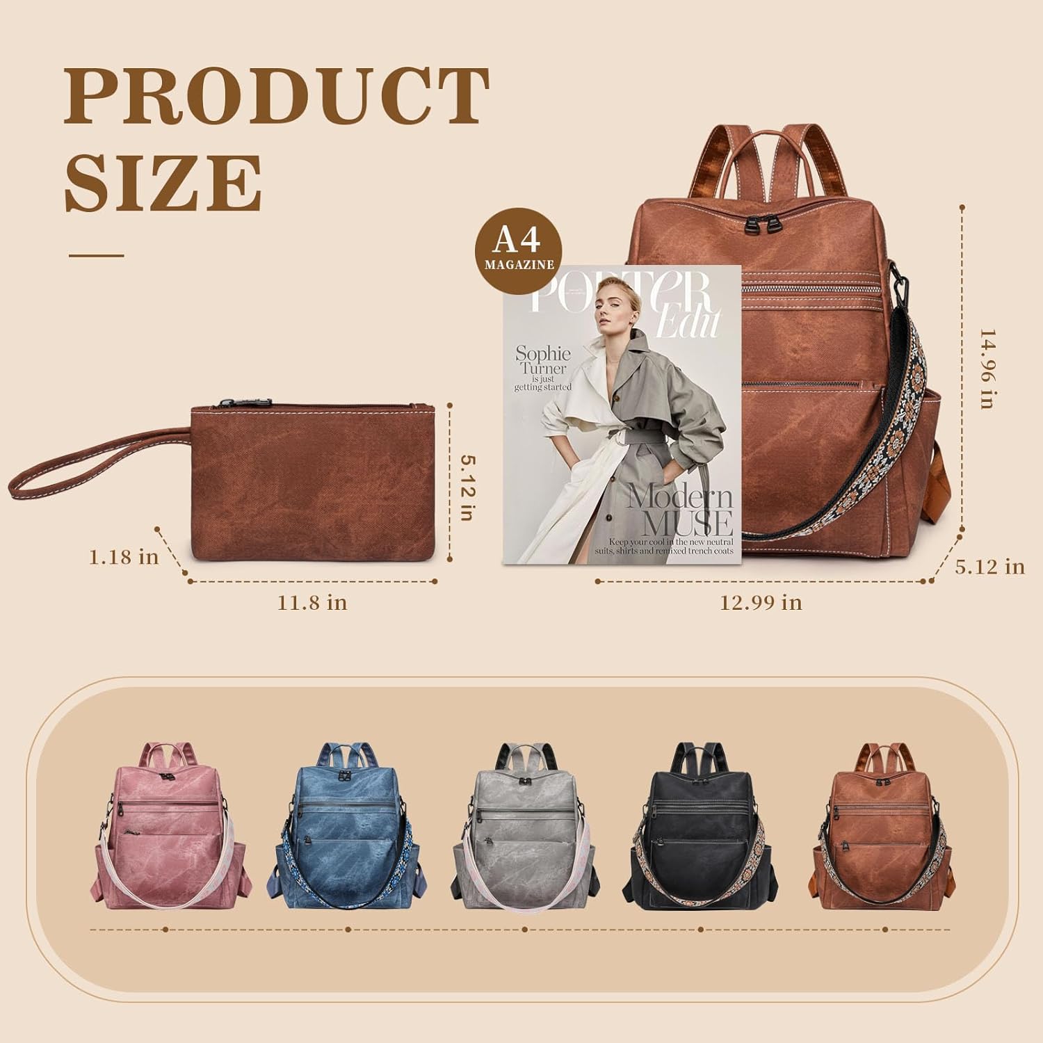 Backpack Purse for Women, PU Leather Backpack Purse, Waterproof Anti-Theft Women Back pack, Fashion Multi-Pocket Travel Backpack Shoulder Bag Handbag With Clutch, Brown