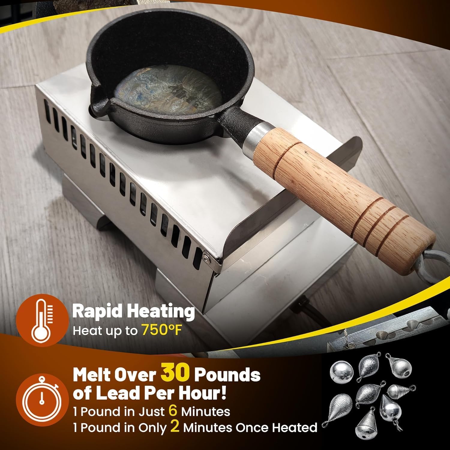 Electric Lead Melting Pot 5LB Capacity, 500W Fast Heating Lead Melter Furnace for Bullet Casting & Fishing Sinkers, Adjustable Temp to 750°F, Removable Cast Iron Pot, Stainless Steel Base, 120V