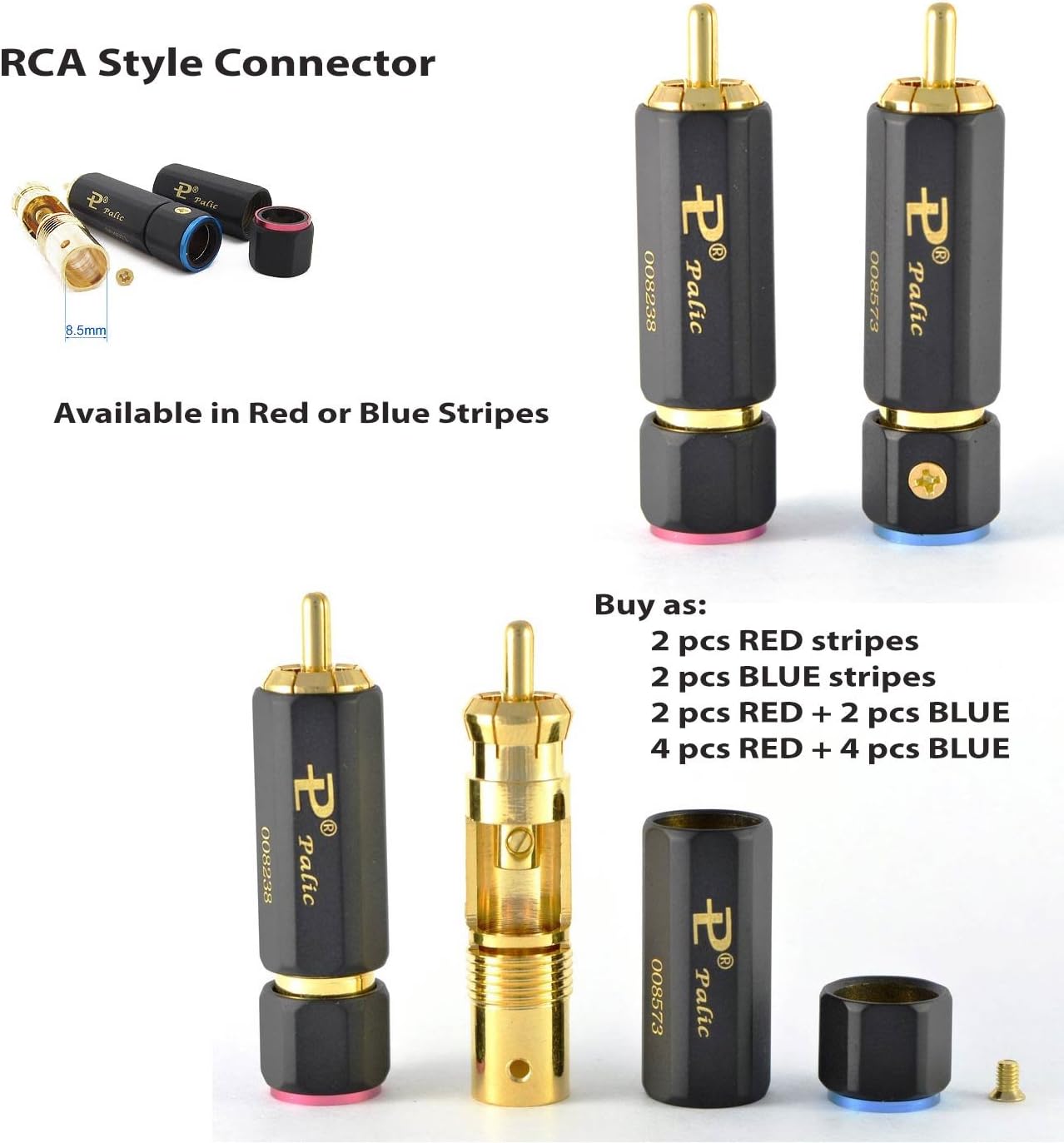 4 pcs RCA Cable Audio CONNECTORS - PALIC - Brass + Copper - 2 red + 2 Blue