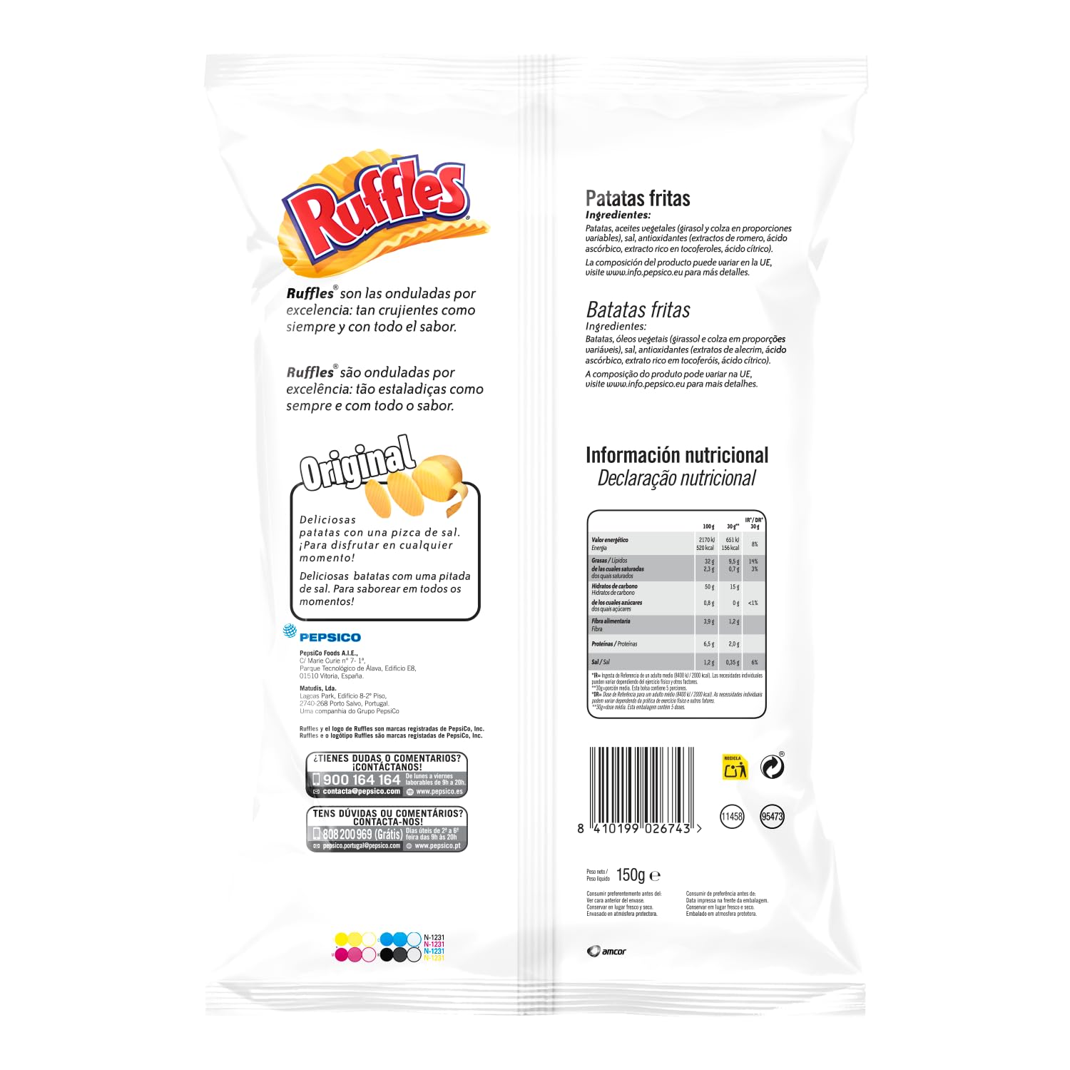 Ruffles Original, Patatas Fritas con sal, Producto de Aperitivo, bolsa individual, 150gr