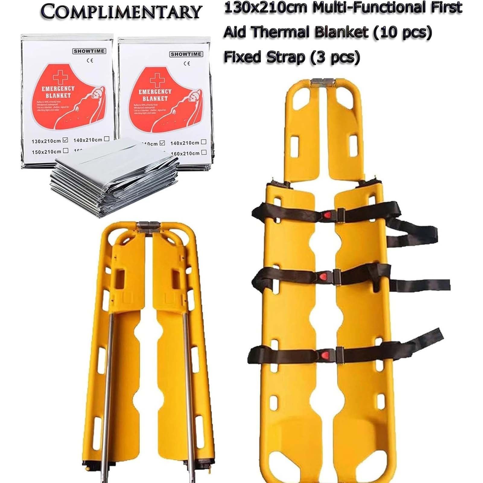 Camilla Plegable de Emergencia Ligera, Camilla de Rescate Plegable, Incluye 3 Correas de fijación, 10 Mantas aislantes de Emergencia y 1 inmovilizador de Cabeza., Yellow