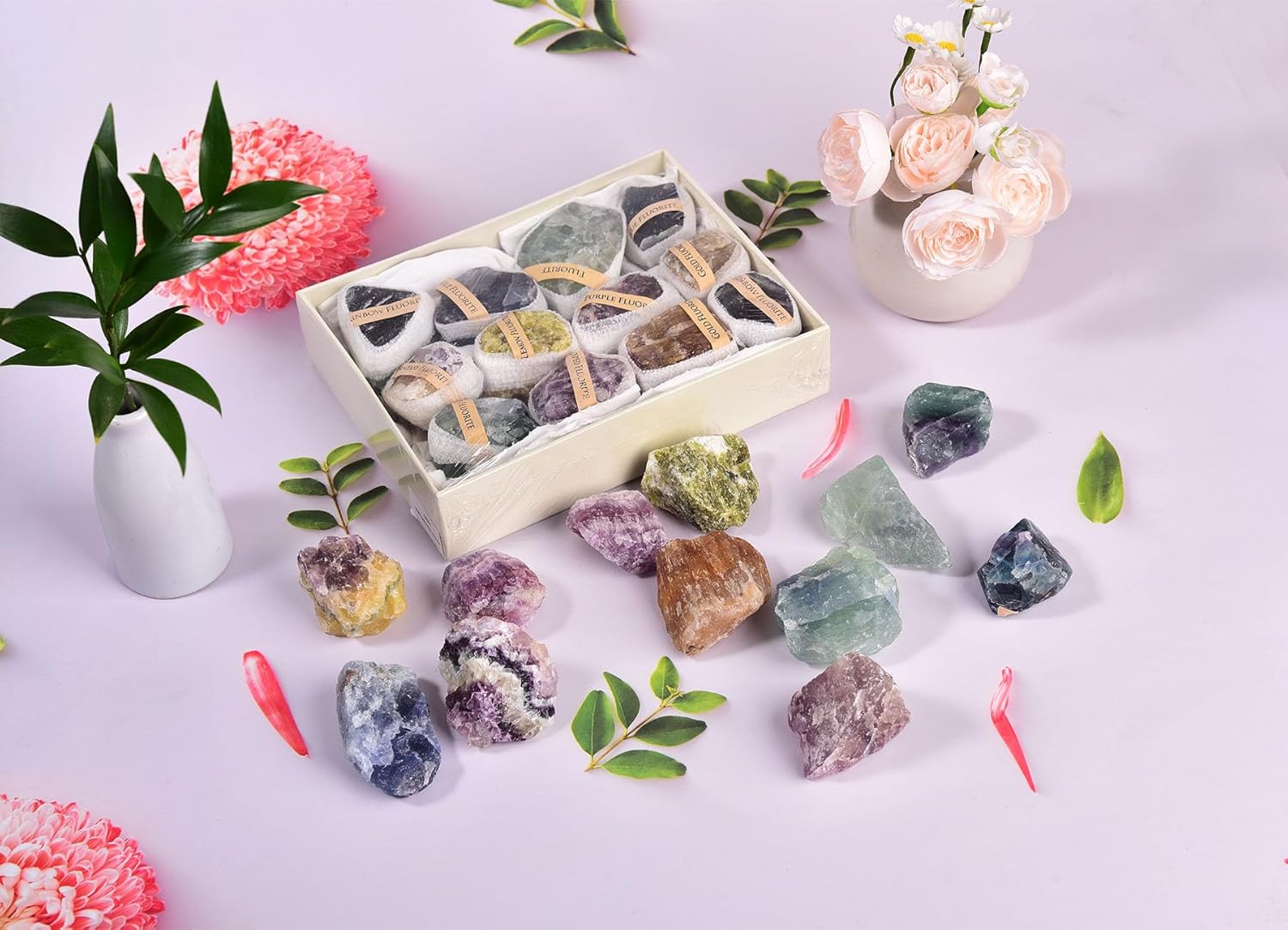 AMOYSTONE 1 LBS Bulk Mixed Fluorite Crystal Set in Display Box - 1-2" Natural Specimens for Office Decor & Collectors