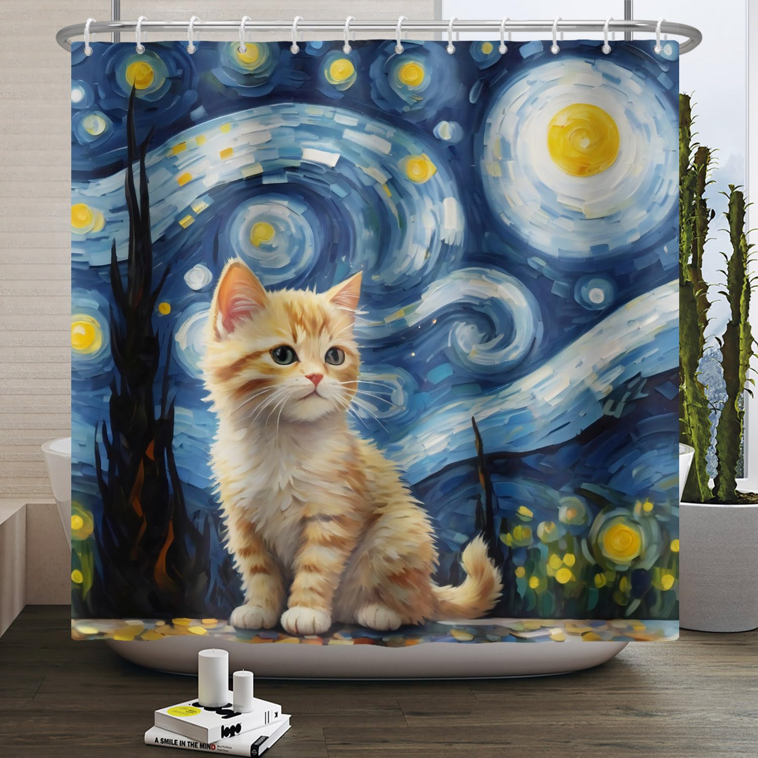 Cortina de Baño 165x183cm Temática para Gatos - Estrella de Arte Azul con Gatos Naranjas - Impermeable, Poliéster, Decoración de Baño