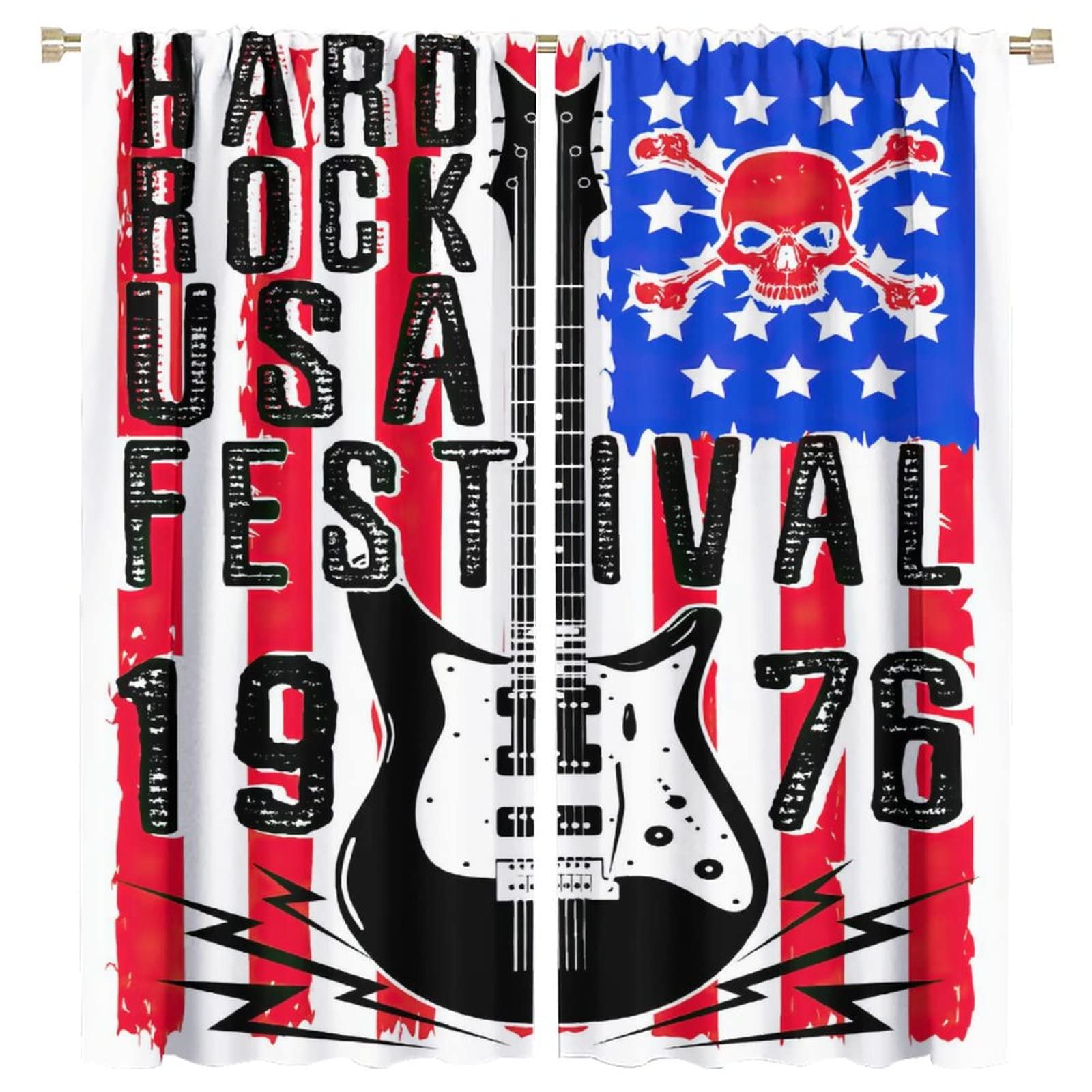 Music Curtain,American Flag Guitar Skull Skeleton Rock Musical Instrument Style Window Treatments Curtains for Bedroom Living Room Decor W63xL72in