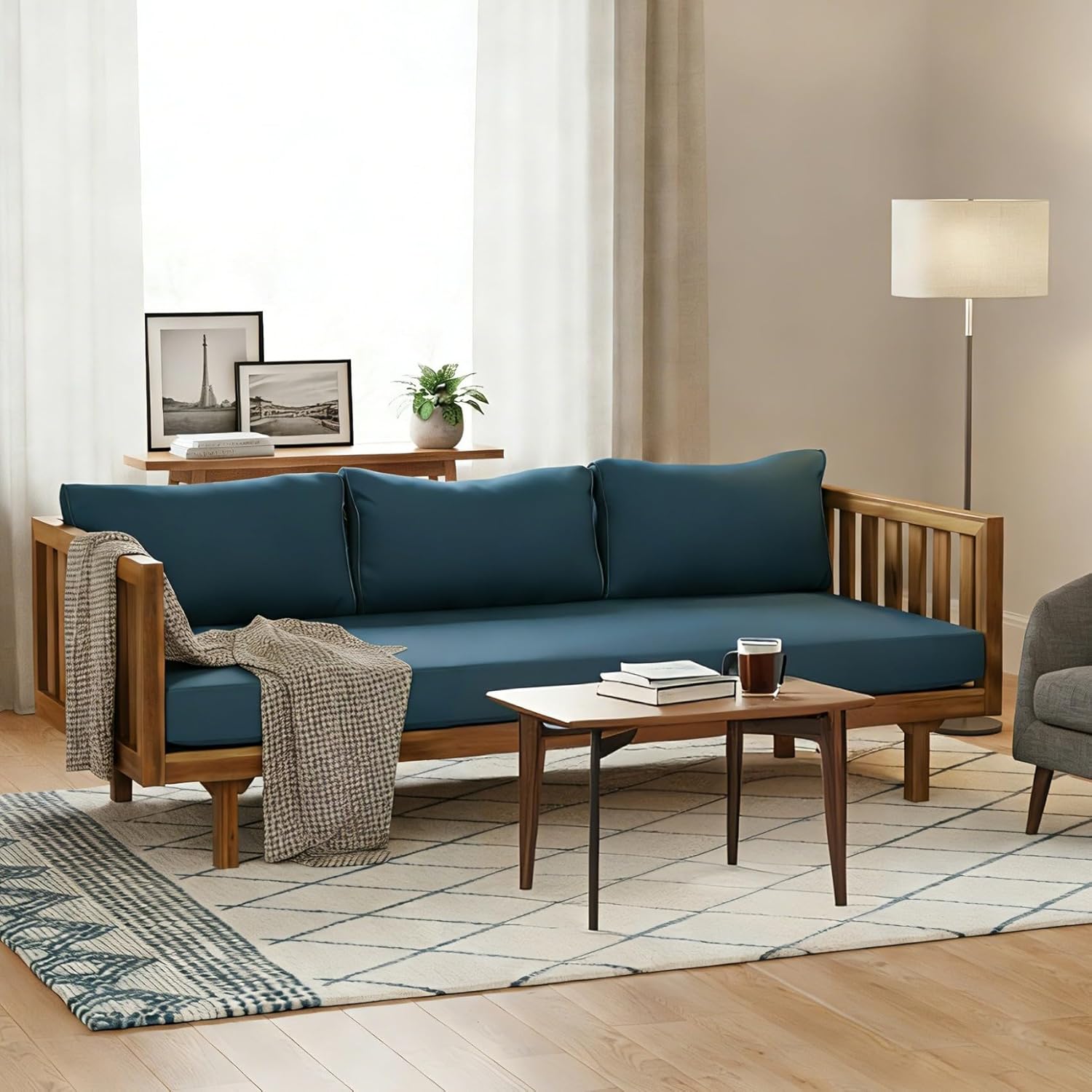 Merax Solid Acacia Wood 3-Seater Daybed Sofa with Cushions - Indoor/Outdoor Chaise Lounge for Living Room, Patio, Balcony