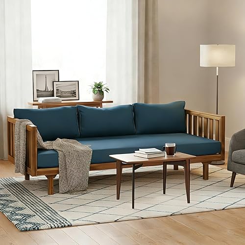 Merax Solid Acacia Wood Couch Chaise Lounge Chair Indoor, 3 Seater Daybed Sofa Couches with Cushions & Pillow, Heavy Frame Day Bed for Living Room, Office, Outdoor, Balcony, Patio, Water Resistant