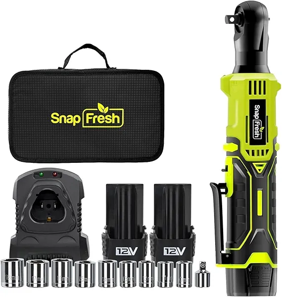 SnapFresh Cordless Electric Ratchet Wrench – 55 ft-lbs Torque, 12V Sub-Compact 3/8" Drive Power Tool with Variable Speed, 9 Sockets, 1/4" Adapter, (2×2.0Ah Batteries & Fast Charger)