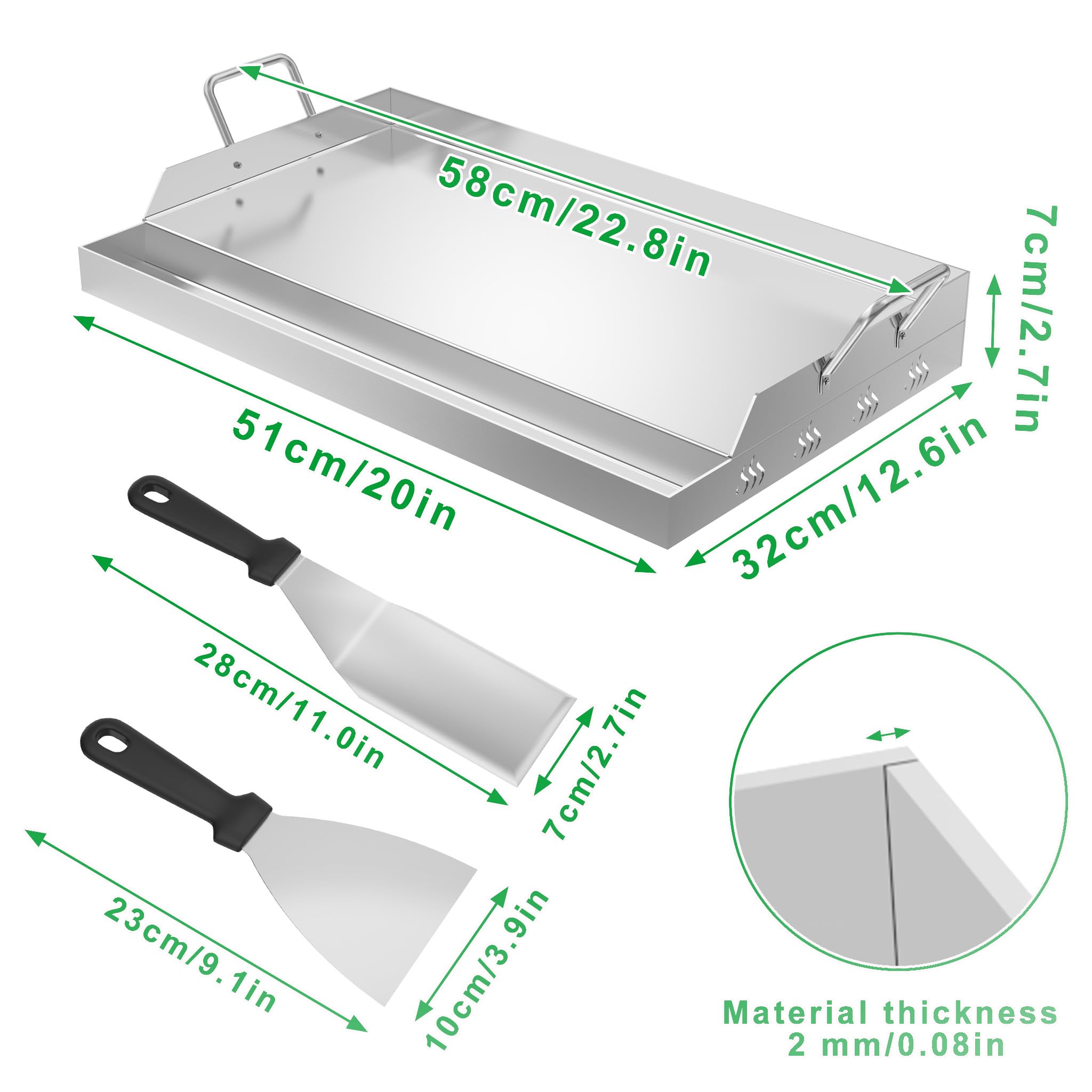 Płyty grillowe Plancha ze stali nierdzewnej, 58 x 32 x 7 cm, zestaw z uchwytem, pojemnikiem na tłuszcz i 2 szpatułkami do grilla, płyta paleniskowa, płyta griddddd, do grilla gazowego, grilla