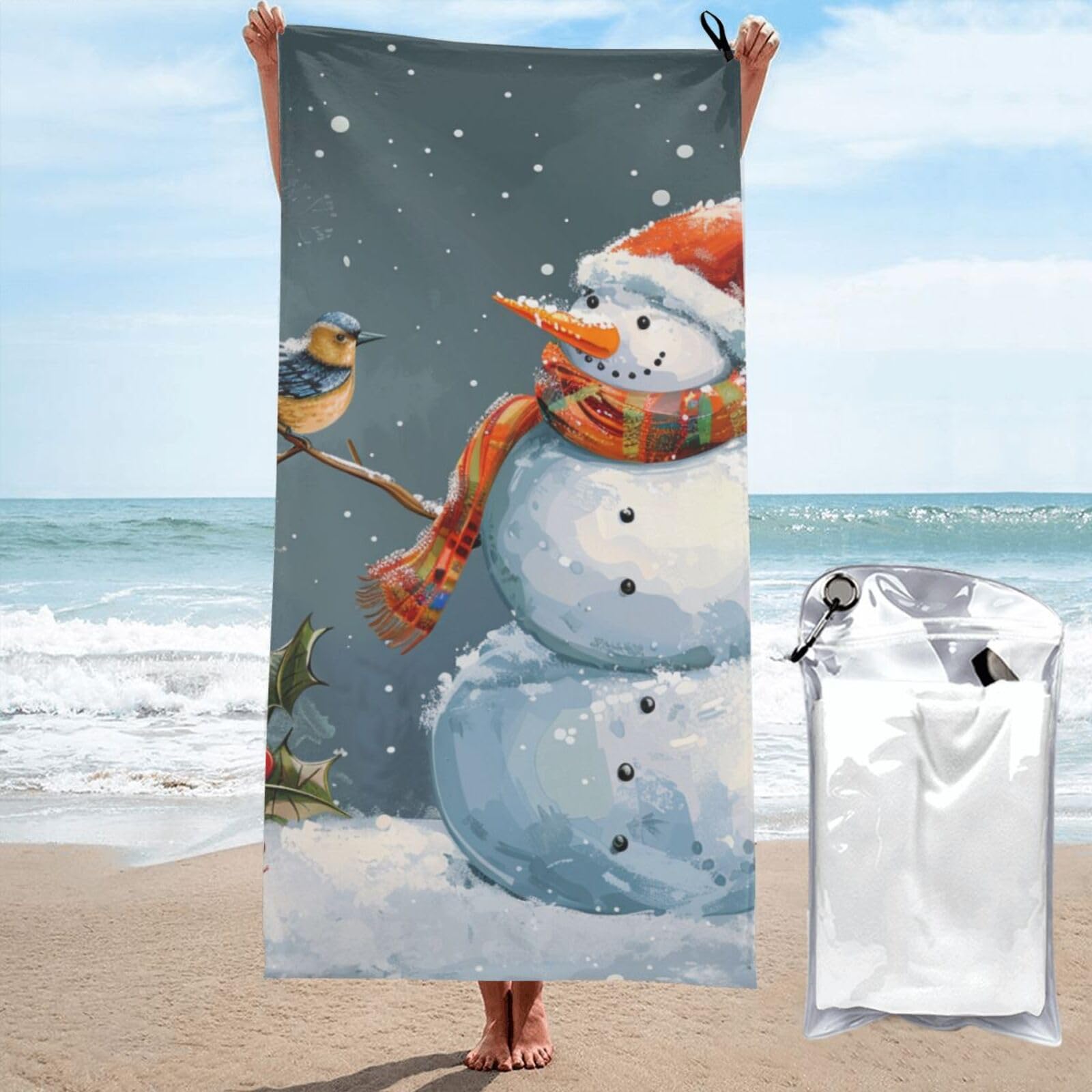 kkvhhyuo Microfiber Beach Towel, Merry Christmas 1 Printed Lightweight Quick Dry Travel Bath Sheet with Compact Carry Bag for Swimming Yoga Camping Gym,31.5"x63"