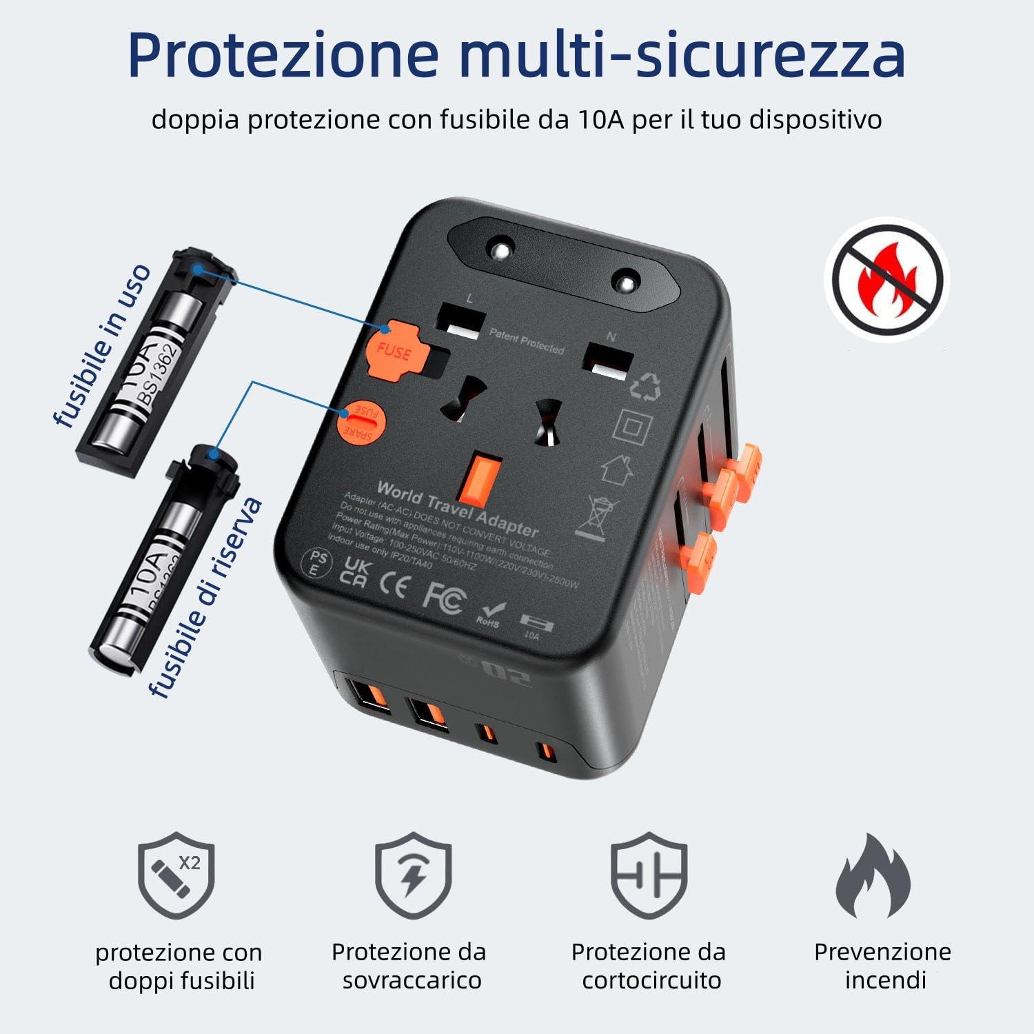 VAMAPOWO Adattatore Universale da Viaggio con 2 USB-C e 2 USB-A (PD 20W) — immagine 4 di 14