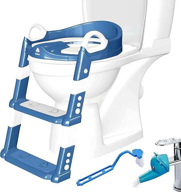 Bathar Potty Training Toilet Seat with Ladder for Kids, Toddlers and Baby - Foldable and Adjustable Adapter with Steps and with Padded Seat for Boys and Girls