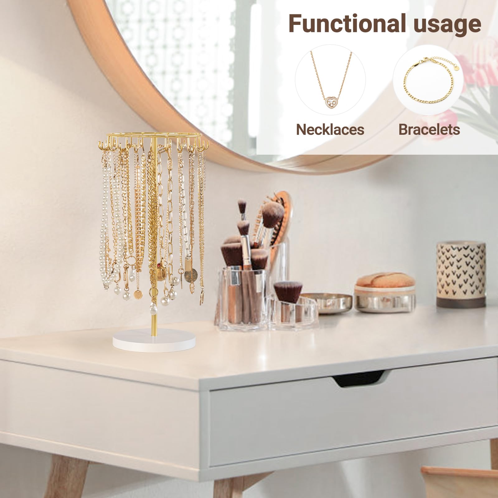 Mkono Necklace Holder Metal Jewelry Display Stand Necklace Organizer with 22 Hooks for Storage and Hanging Bracelet Keychain Home Room Deocr for Women,Gold