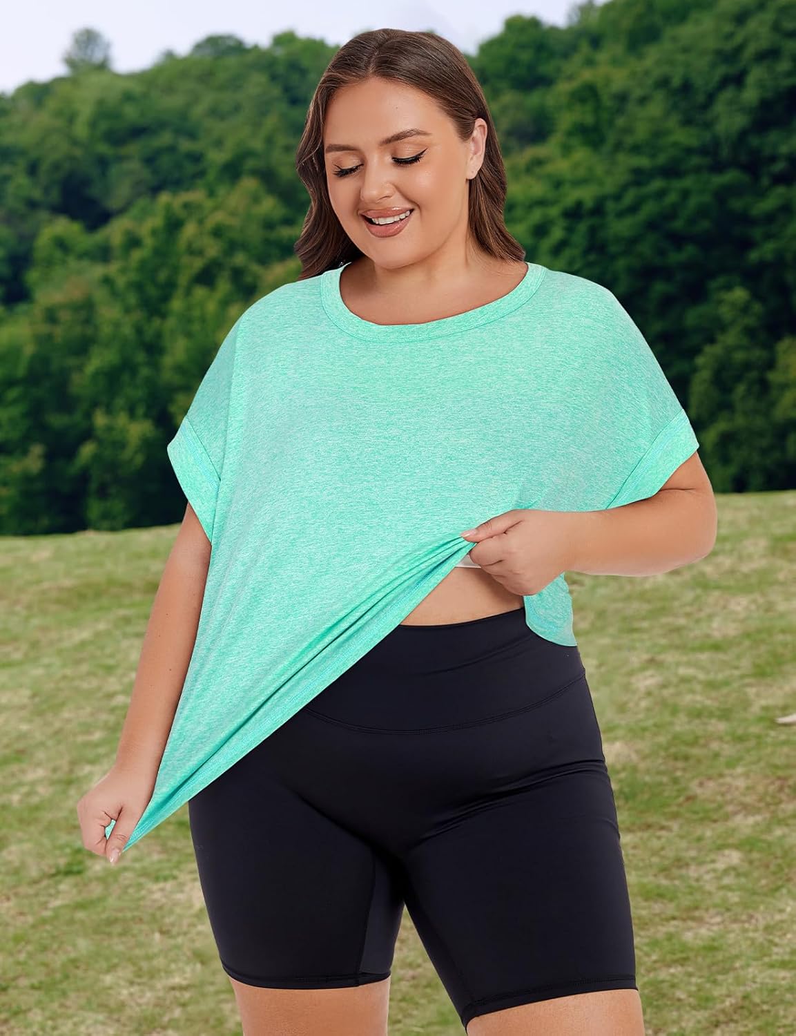 Koscacy Womens Plus Size Open Back Tops Short Sleeve Workout Shirts Casual Yoga Athletic Gym Running Tees - Image 4