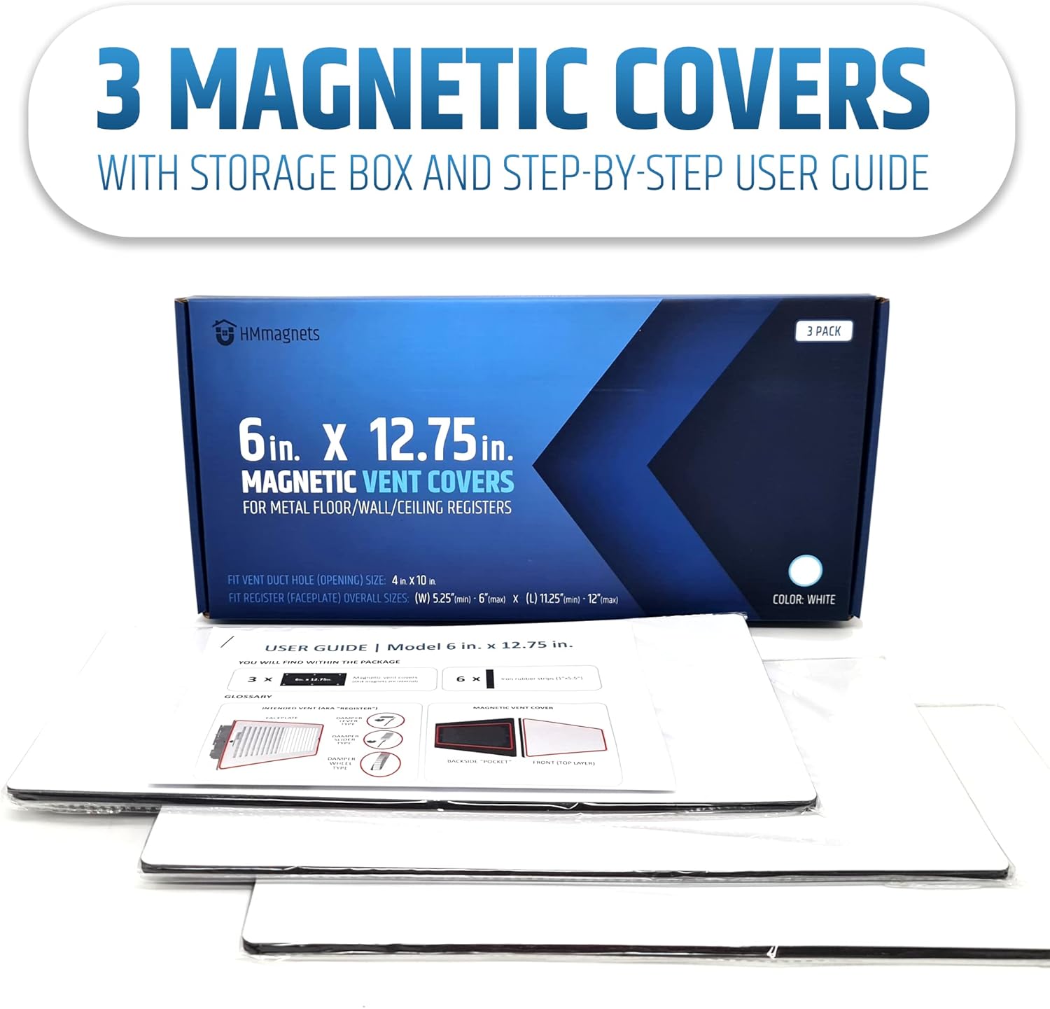 Powerful Magnetic Vent Covers (3-Pack) that Will Never Fall Off (Upgraded Design) - for Sealing Floor/Wall/Ceiling Registers of Width 5.25" to 6", Length 11.25" to 12" | Vent Not Included | White