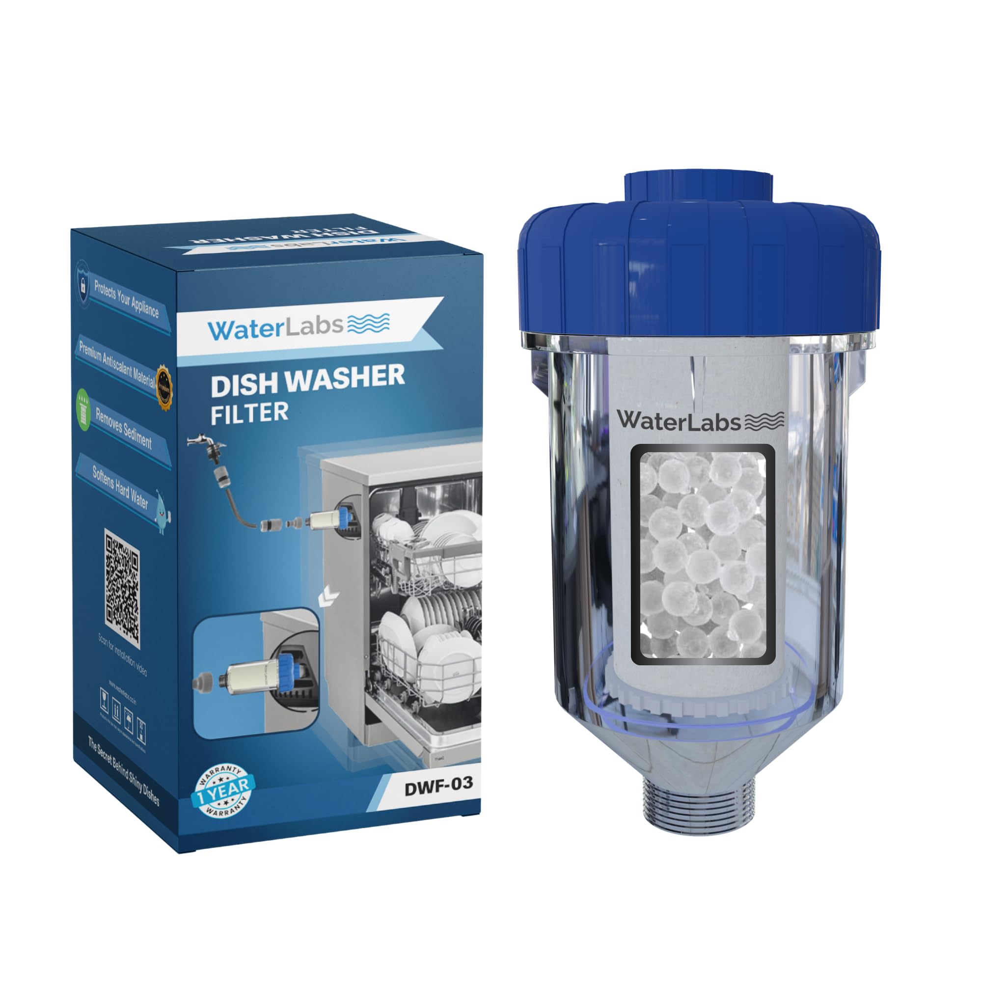 WaterLabs Dishwasher Filter for Hard Water & Sediments | Protects Dishwasher from Limescale, Rust & Dirt | Universal Inlet | Easy Installation