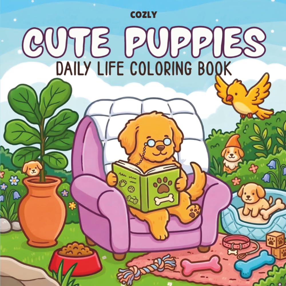 Cute Puppies Daily Life Coloring Book: Bold and Easy Coloring Pages for Kids, Teens and Adults Featuring Cute and Cozy Puppy Moments