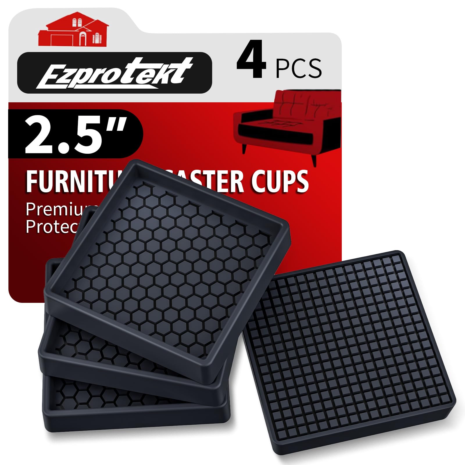 Ezprotekt Non Slip Furniture Pads, 4 Pcs 2.5" Rubber Caster Cups, Anti Skid Furniture Coasters for Hardwood Floors, No Slide Furniture Gripper, Floor Protector for Bed Couch Furniture Stoppers (Black)