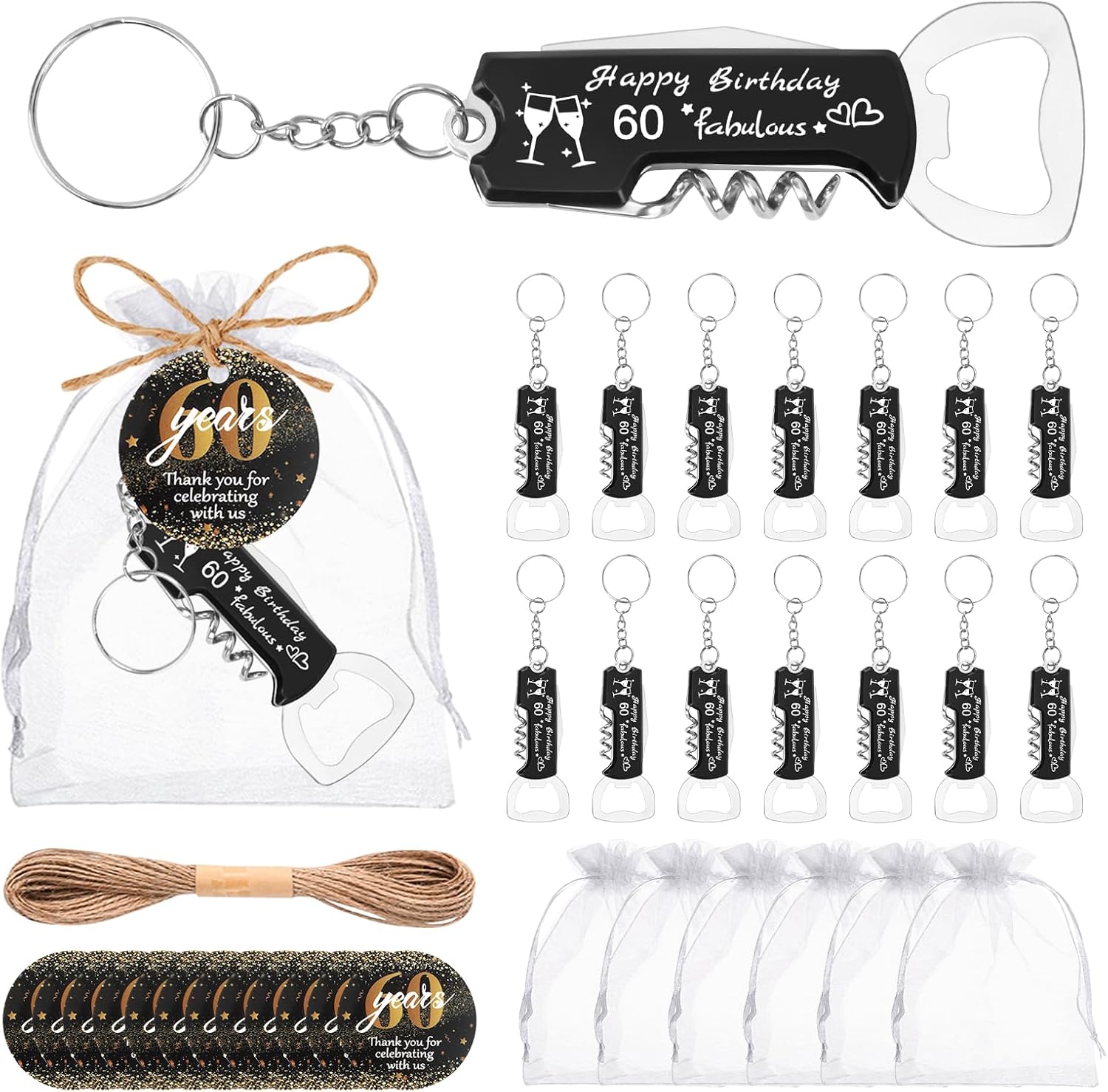 30 Sets 60th Bottle Opener Keychain Bulk 60th Birthday Party Favors for Guests, Multifunctional 60th Beer Wine Bottle Opener with Gift Bags Thank You Cards, for Birthday Decoration Souvenirs