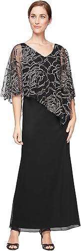 S.L. Fashions Women's Long Floral Shimmer Overlay Cape Dress