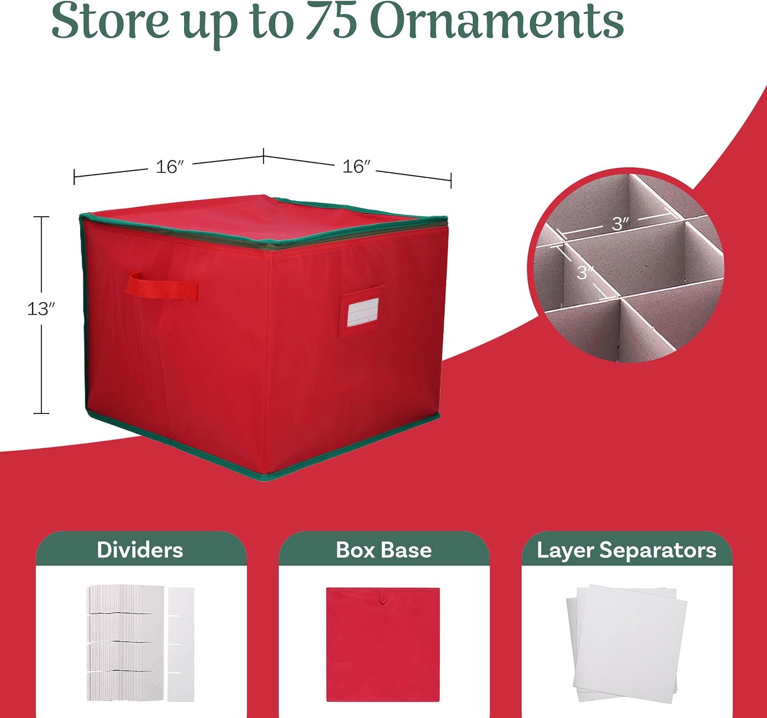 Tiny Tim Totes Christmas Storage Box with Zip Top, Large Ornaments storage box, holds up to 75 ornaments, Red