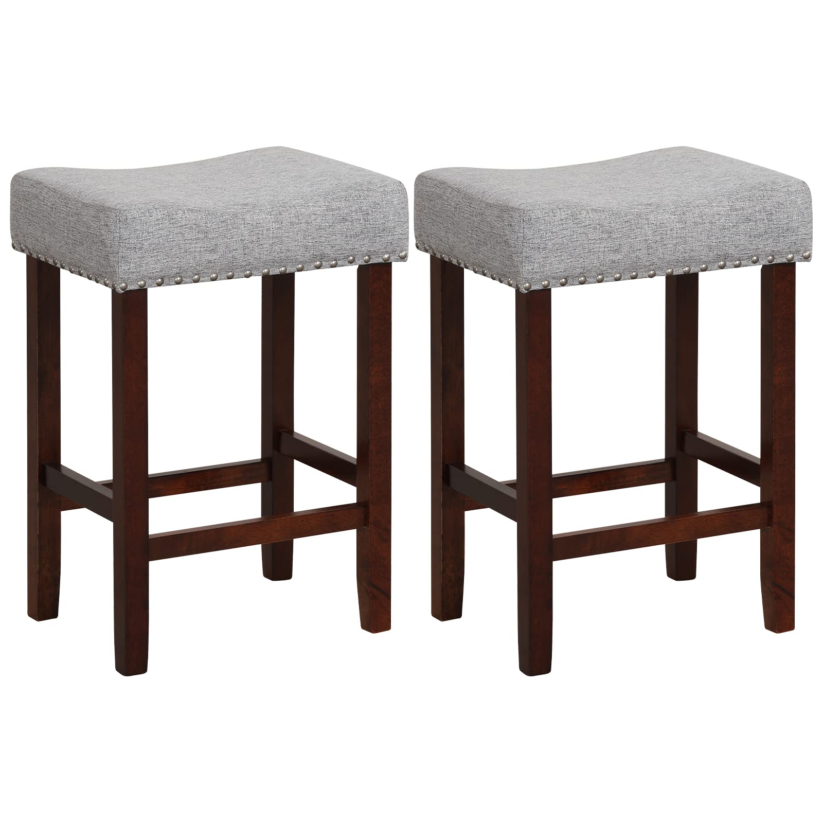 ERGOMASTER Bar Stools, 24 Inch Modern Saddle Stools, Rubber Wood, Light Grey/Brown, Set of 2