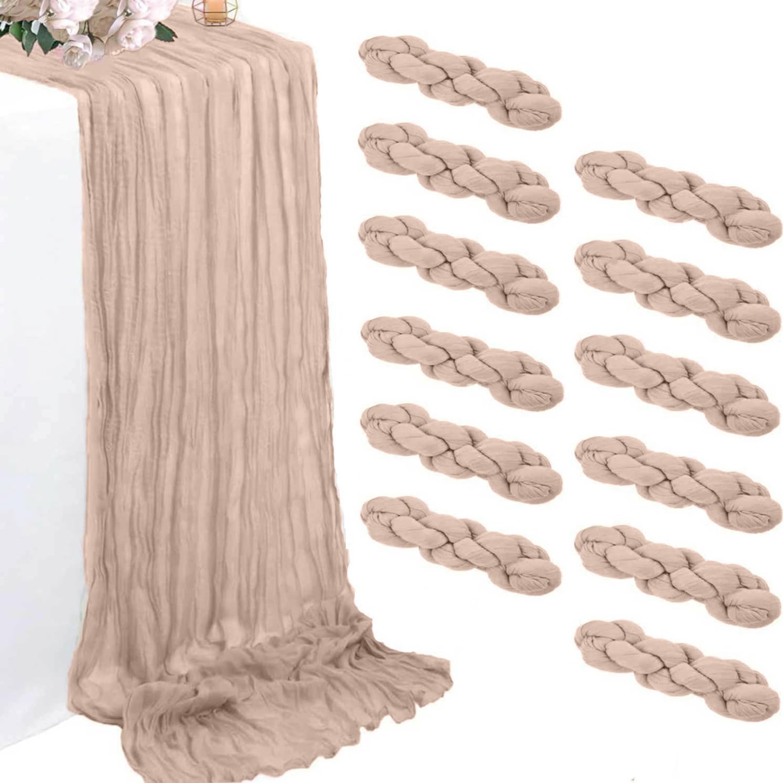 Photo 1 of 12 Pack Pink Cheesecloth Table Runners 35 x 120 Inch Rustic Boho Gauze Christmas Table Runner for Wedding Arch, Party Decoration, Bridal Shower, Reception, Farmhouse Dining Decor
