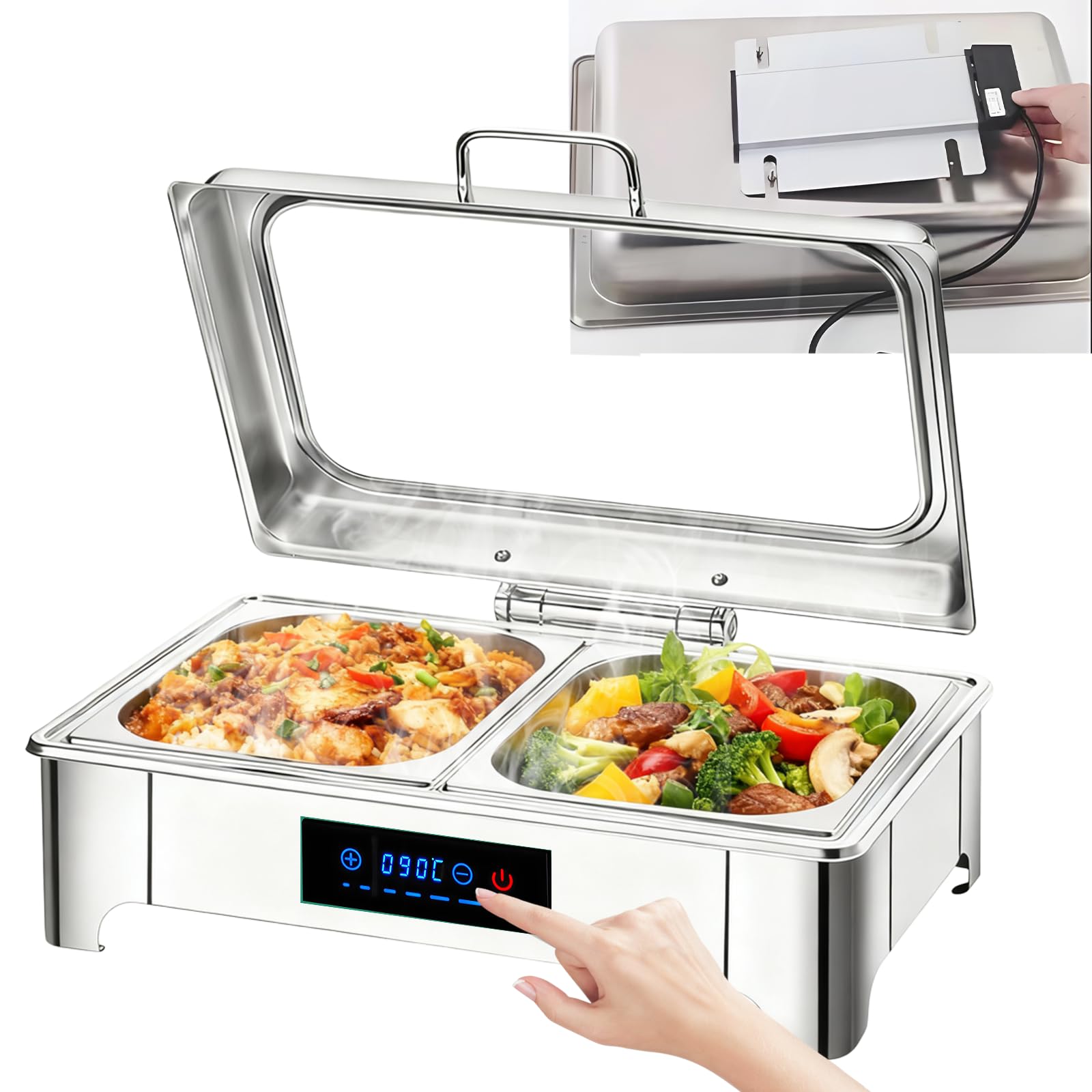 Chafing Dish Elettrico Temperatura Regolabile, 9L, 400W(1/2 Pan) | Scaldavivande Elettrico Buffet Professional in Acciaio Inox, Scaldavivande Catering Buffet con Coperchio Trasparente