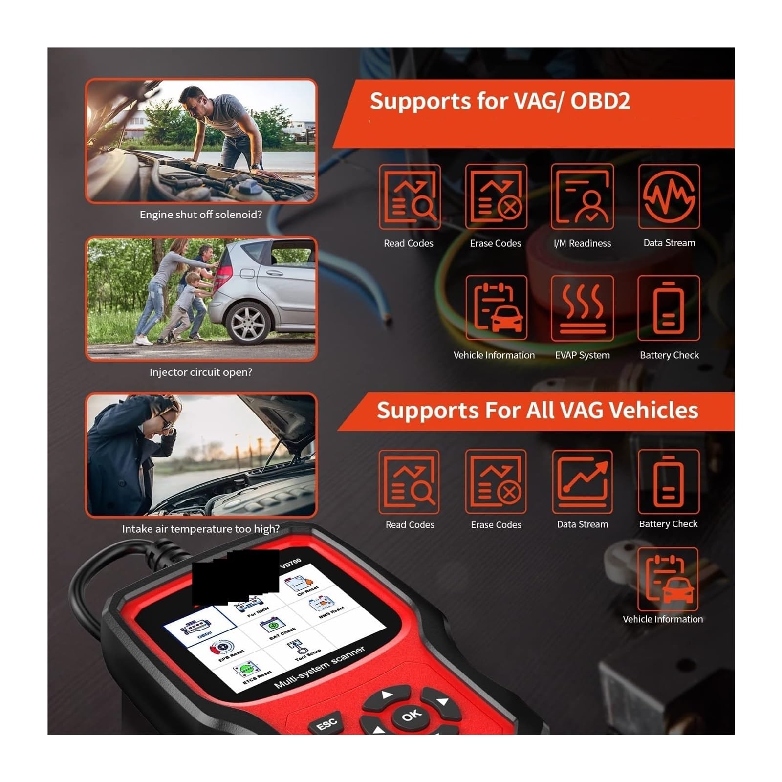 VD700 All System OBD2 Scanner Airbag Reset OBD 2 Narzędzia diagnostyczne samochodu,Przyjazny dla użytkownika