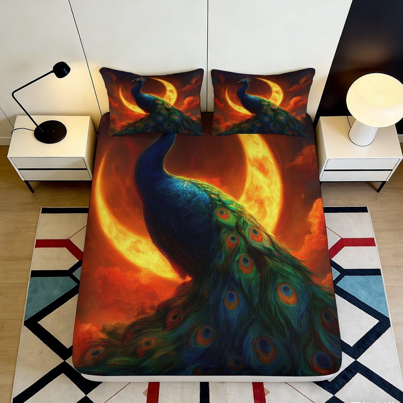Pnayamiorkfel Style-6 3D Printed Peacock Moon Fitted Sheet Microfiber Non Slip Mattress Cover Artistic Decor For Bedroom Guest Room Easy Care 90X200x25cm