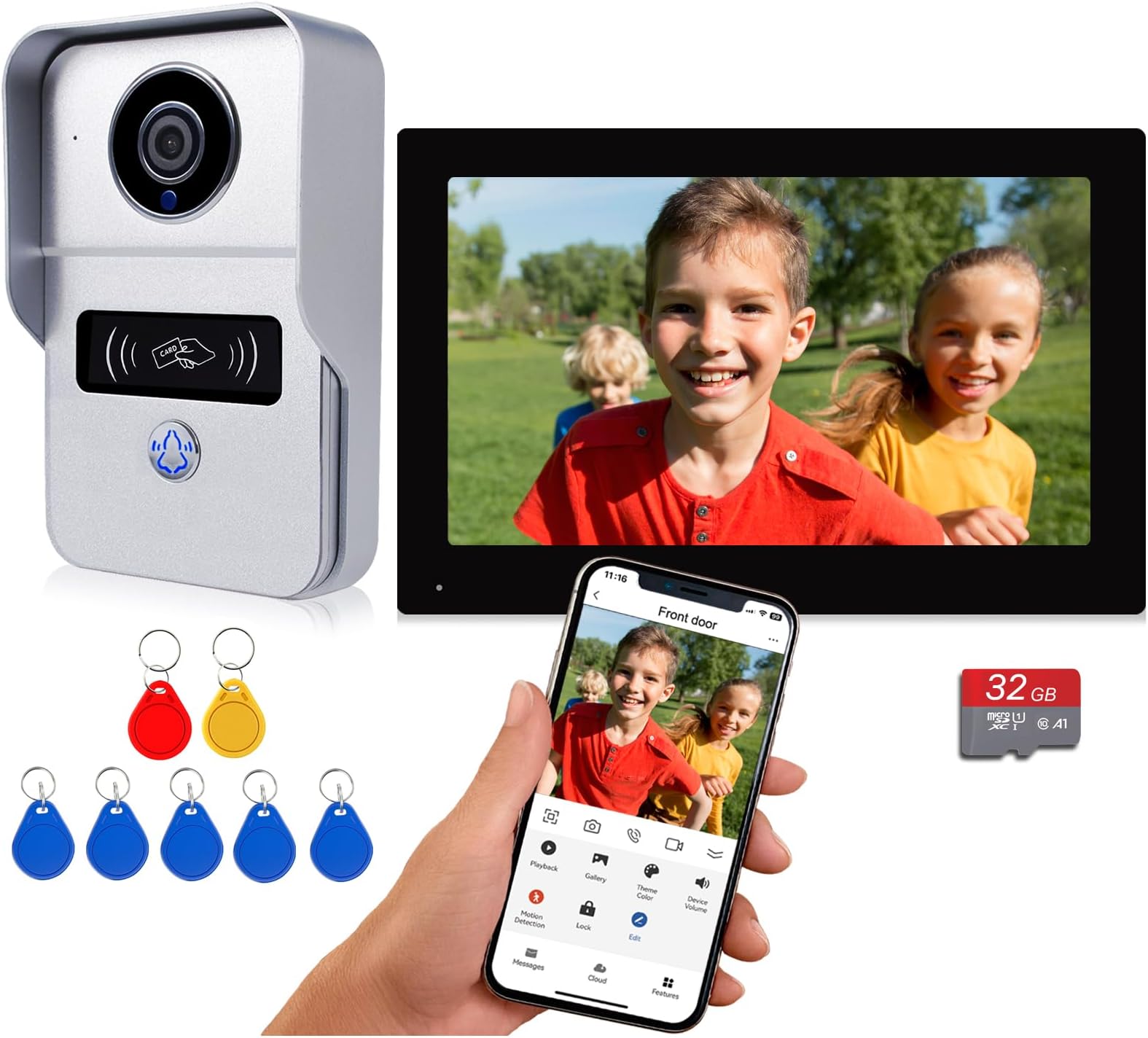 WiFi Video Intercom System, Video Doorbell with Monitor Kits, Wired 1080P HD Doorbell Camera, Wireless WiFi 7 Inch Monitor with 32G Card, Record, Tuya Remote / IC Keyfobs Unlock for Home Apartment