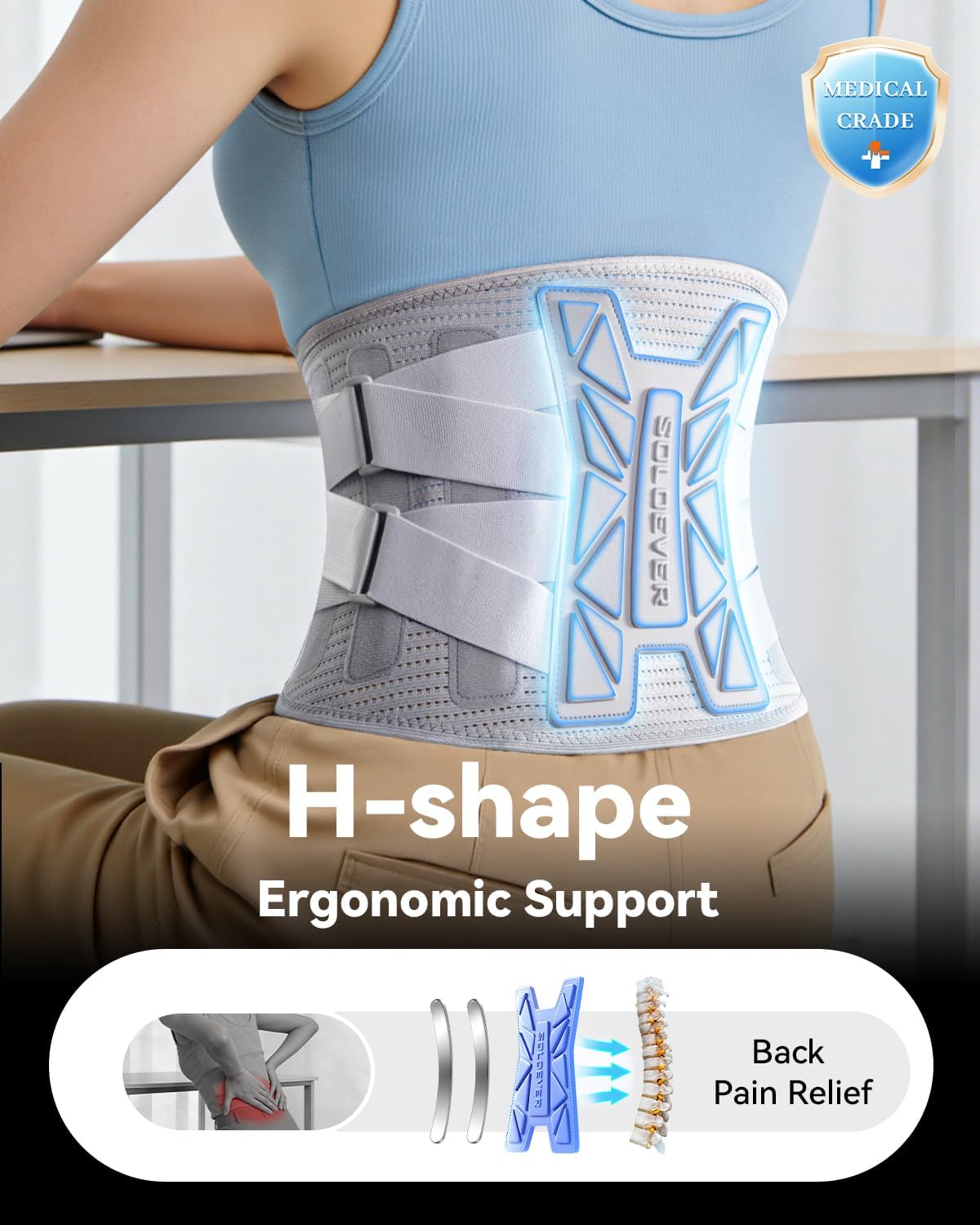 Medical-Grade Back Brace for Women Lower Back Pain Relief [Ultra Breathable & Stronger Support] Back Support Brace with Adjustable Strap System - Back Support Belt for Herniated Disc, Sciatica, Arthritis,Scoliosis Gray Large