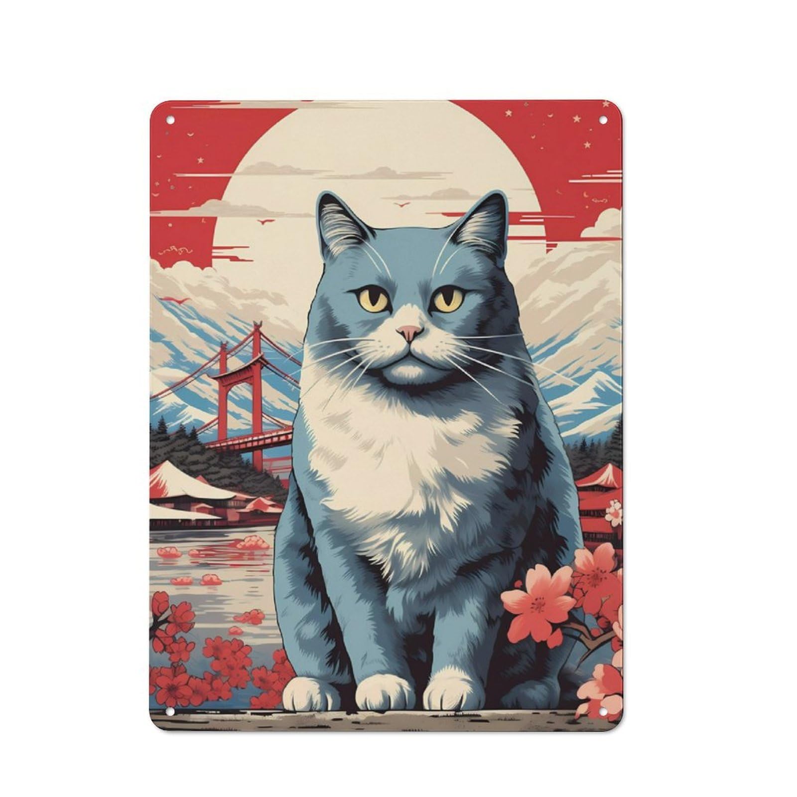 Junmoney Japanese Cat 5 Office Metal Sign With Design 40X30cm, Classic Studio Wall Plaque For Home Office, Reading Corner Or Bedroom