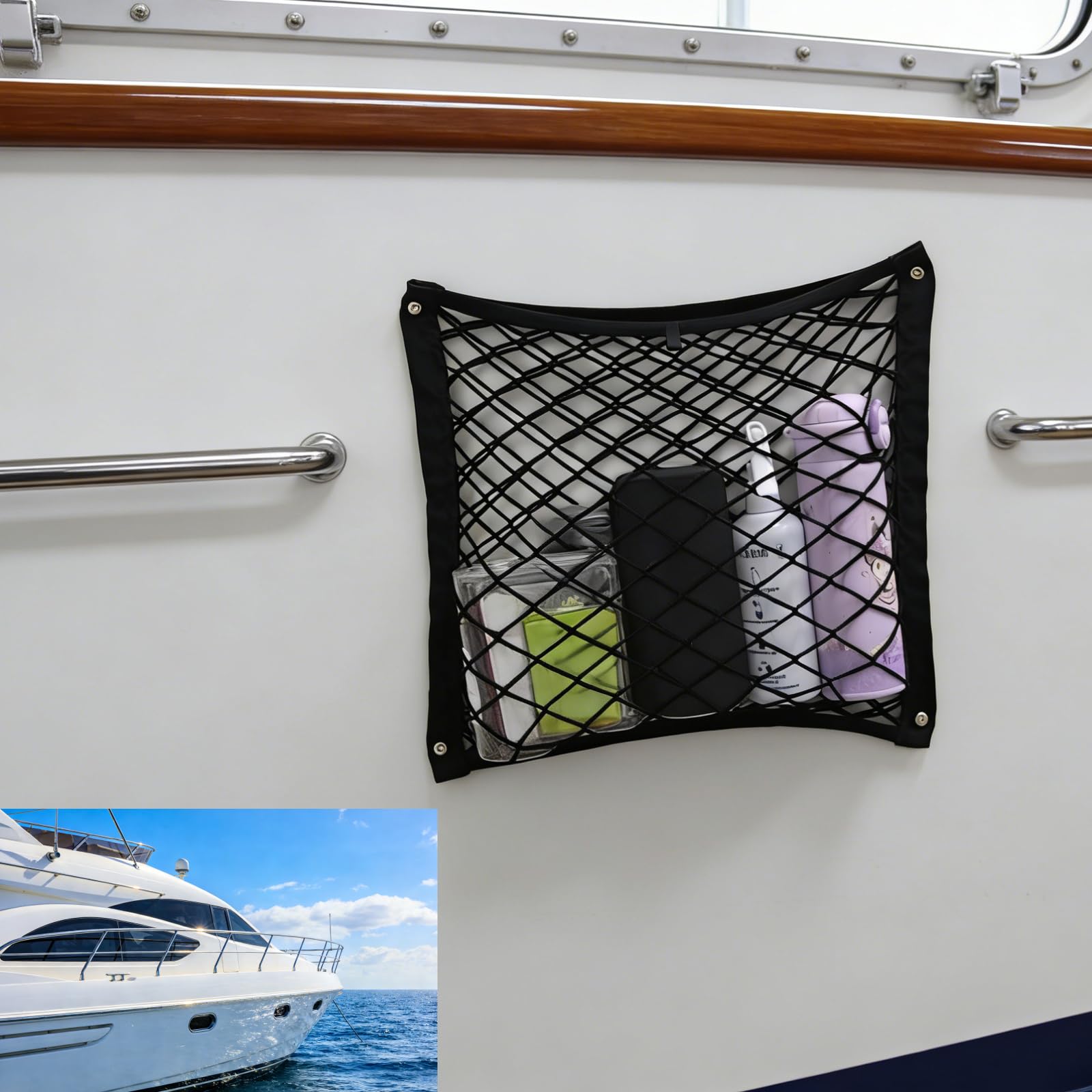 Aufbewahrungsnetz Wohnmobil– Ablagenetz Camper mit Metallösen, Camper Van Cargo Net, Aufbewahrungsnetz zum Befestigen OHNE Bohren inkl. 5 Montageoptionen für Wohnwagen, Boot 2Set Auto & Motorrad