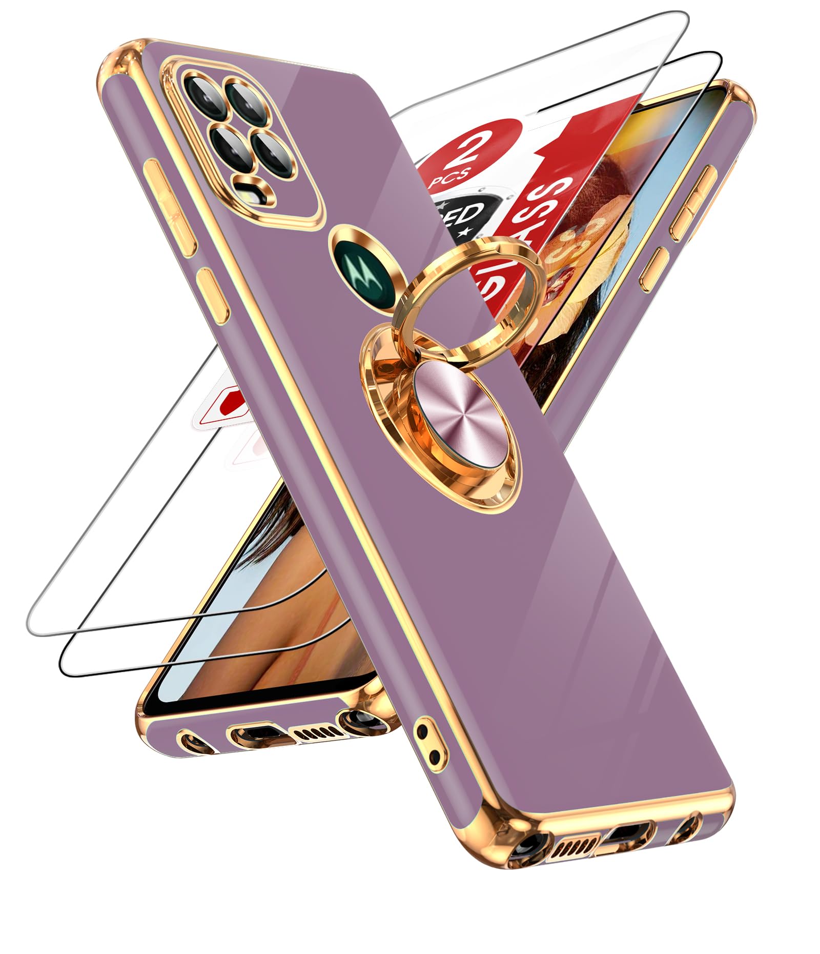 LeYi for Moto G Stylus 5G 2021 Case: with Tempered Glass Screen Protector [2 Pack] 360° Rotatable Ring Holder Magnetic Kickstand, Plating Rose Gold
