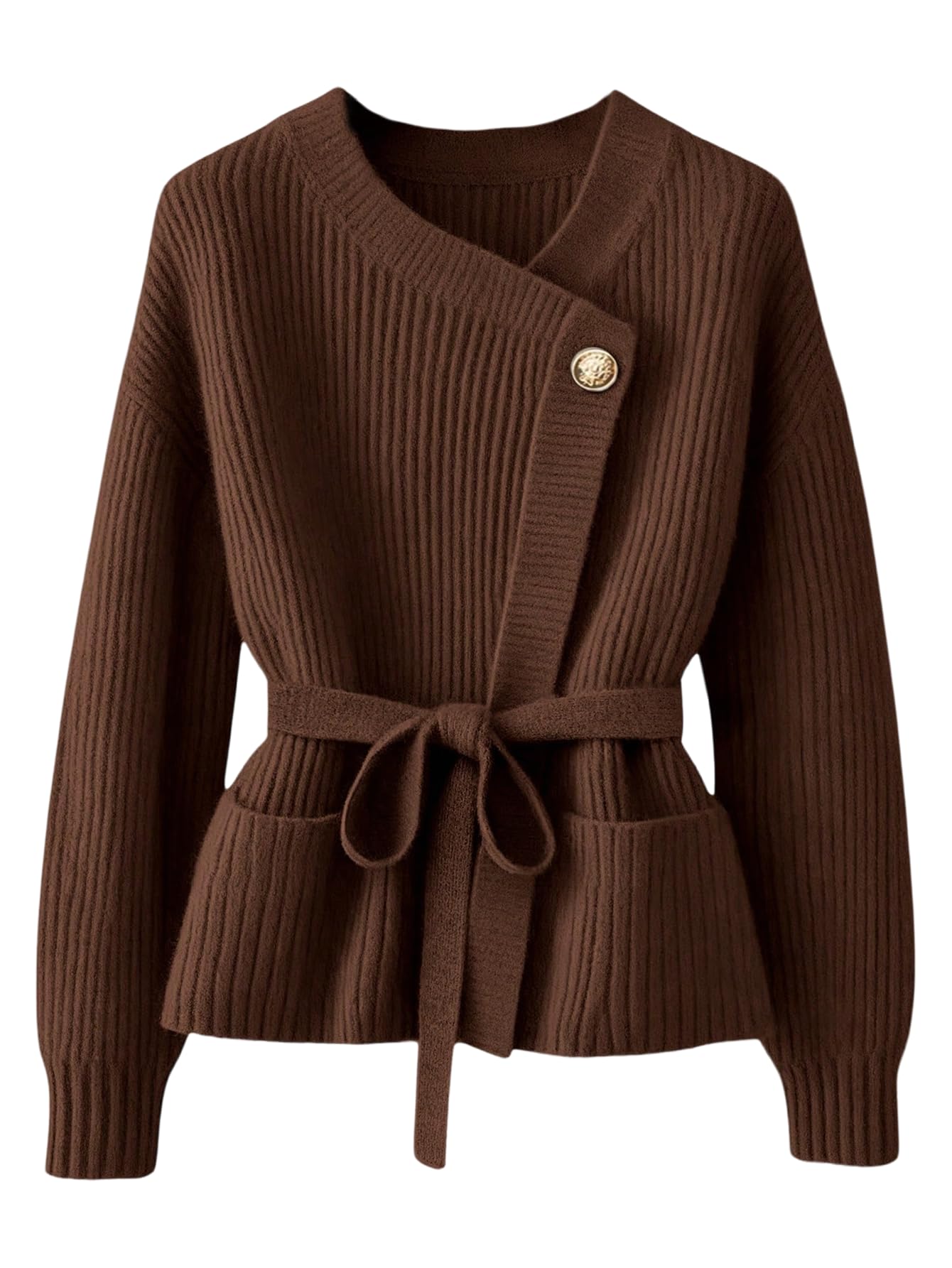 Verdusa Womens Old Money Ribbed Knit Cardigan Long Sleeve Asymmetrical Belted Sweaters
