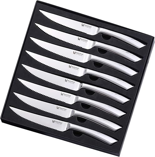 Miniatura 1 de WALLOPTON Juego de 8 cuchillos para carne, acero inoxidable de alta calidad, apto para lavavajillas, borde dentado, estilos de moda, hoja y mango