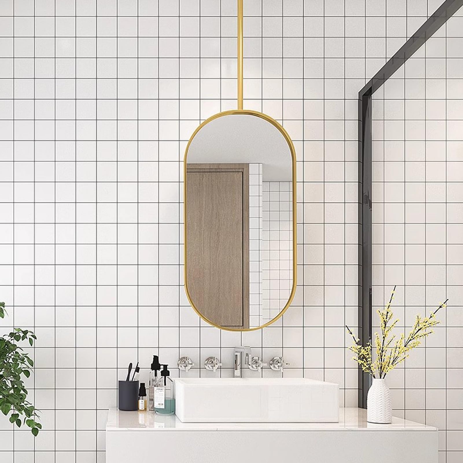 Sxbhdm Gold Hanging Mirror For Wall Decor, Ceiling Mounted Mirror Oval Wall Mirror Modern Metal Framed Decorative Bathroom Mirror For Vanity, Bedroom, Living Room, (Size : 50Cmx70cm)
