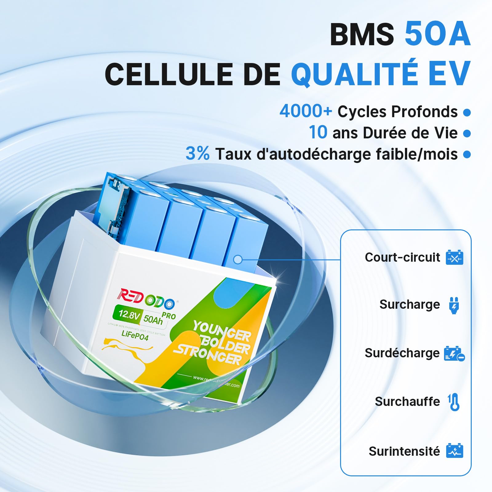Redodo 12V 50Ah(1 Pack) Batterie LiFepo4 640Wh Batterie Lithium 4000+ Cycles Profonds et Durée de Vie 10 Ans pour Trolling Motor,Systèmes Solaires,Camping,Pêche