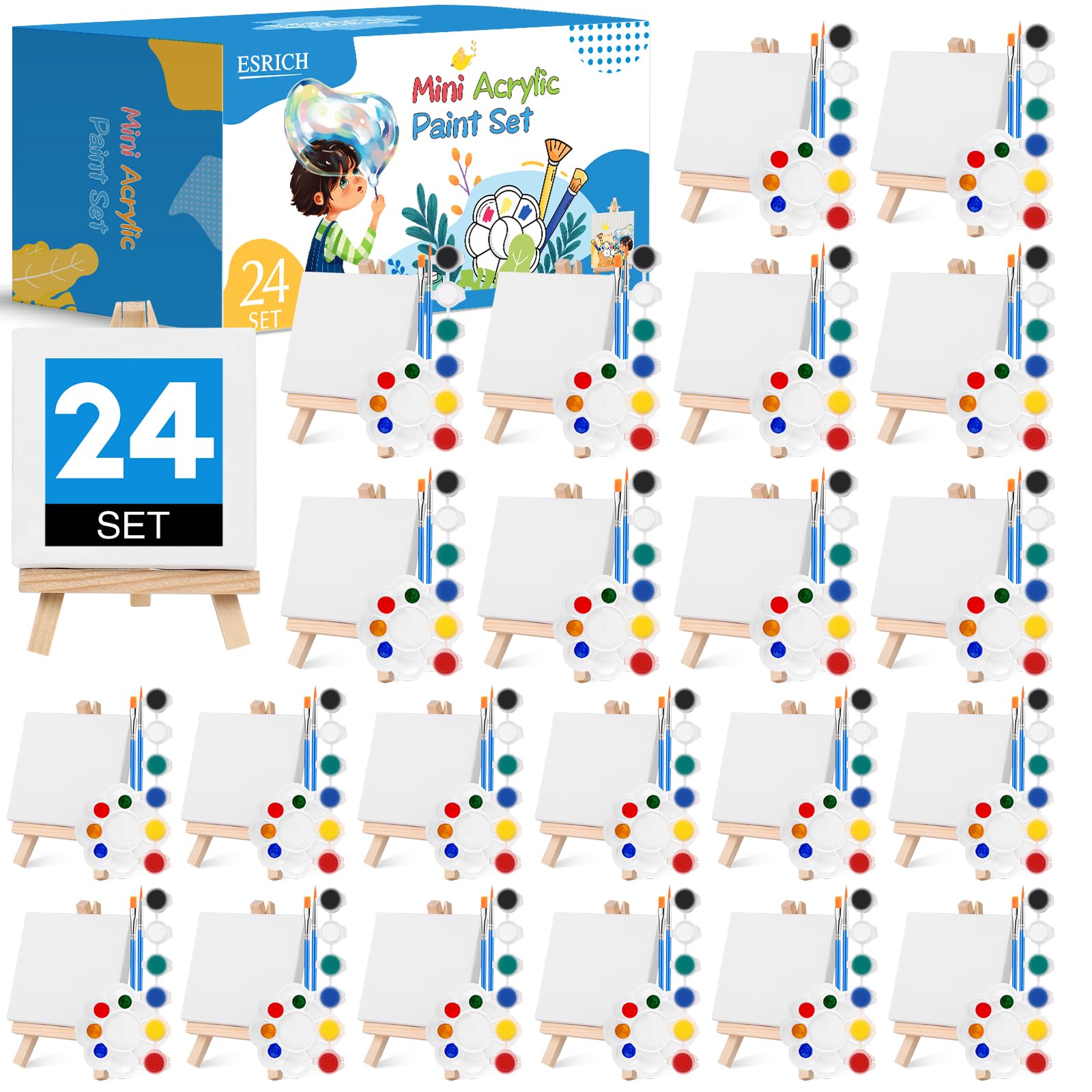 ESRICH 24 Set Mini Acrylic Paint Kit,Mini Stretched Canvas with Easel,Valentines Day Gifts,Acrylic Paint Strips,Paint Palettes,Painting Brushes, Mini Canvas and Easel Set for Kids Artists Beginner